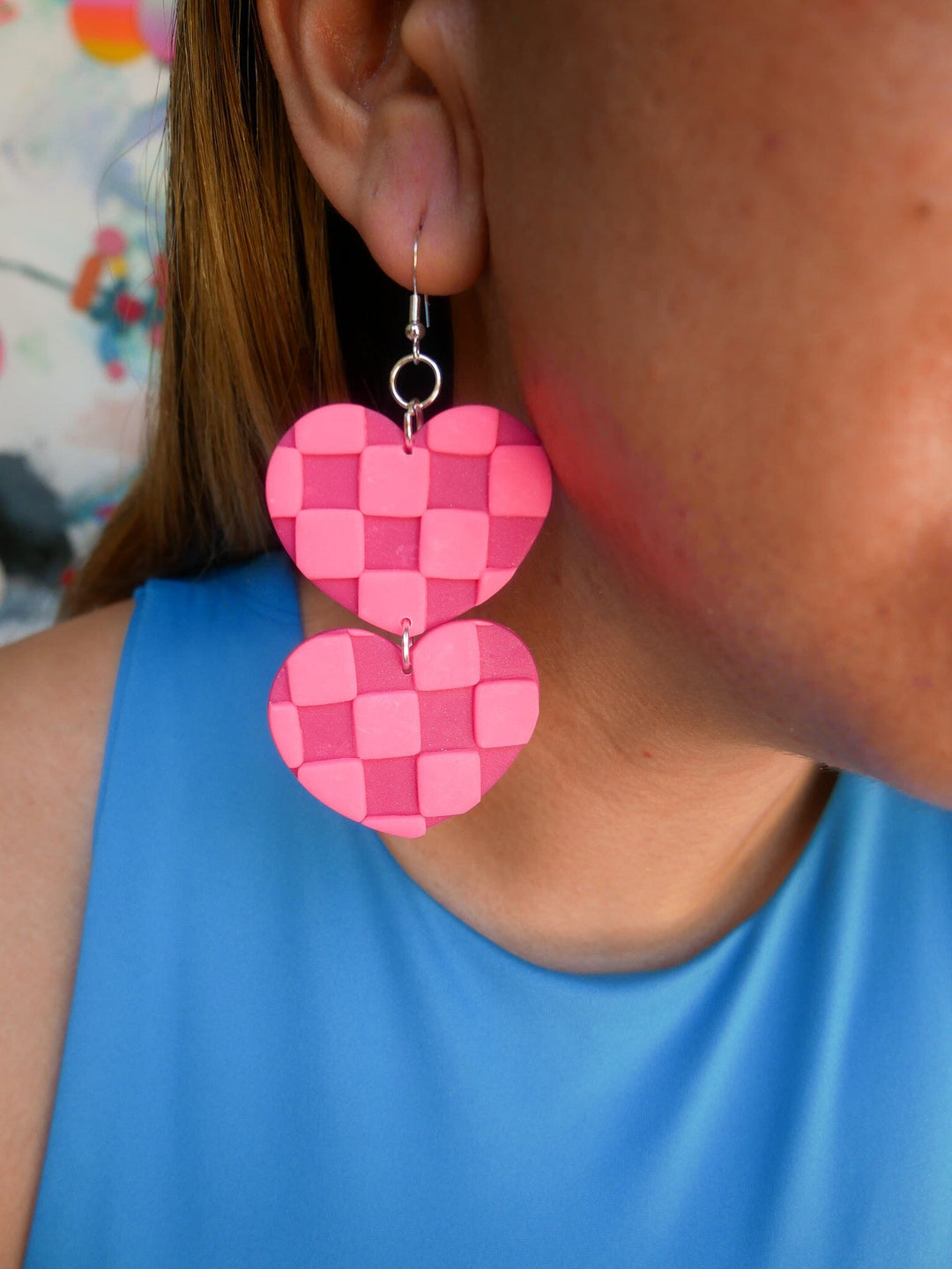 Checkered Hearts hook earrings Love Hand and Heart 