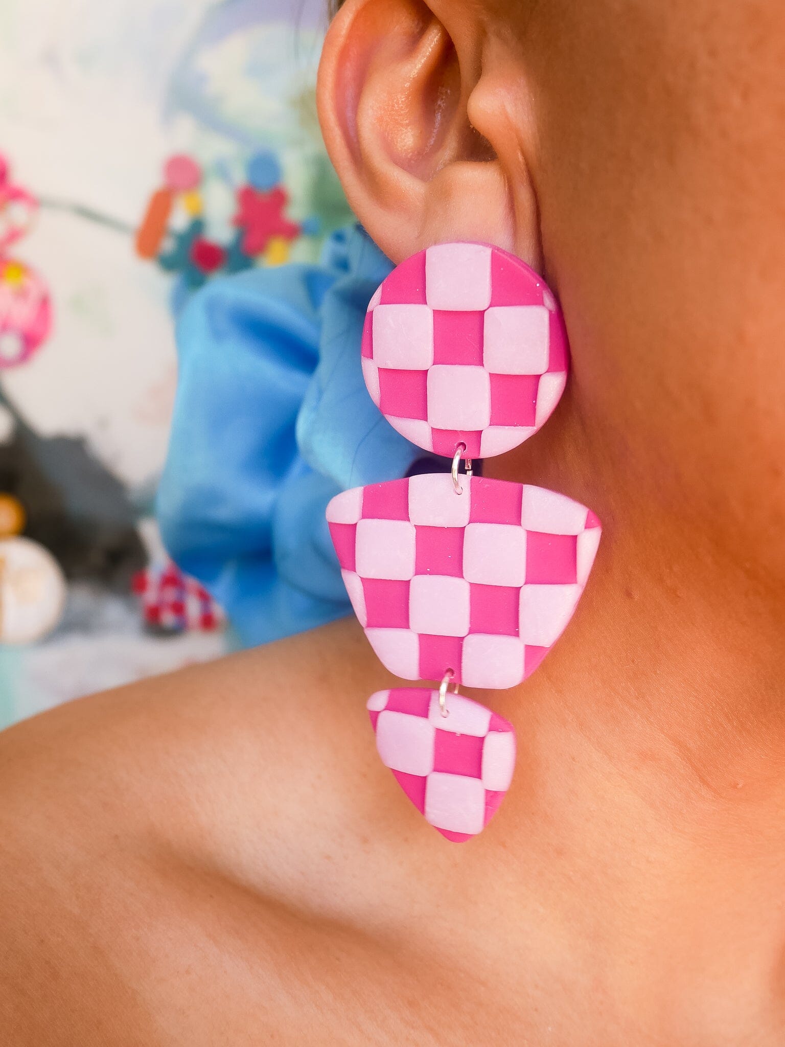 Checkered Magenta Zoe Dangle Earrings Love Hand and Heart 