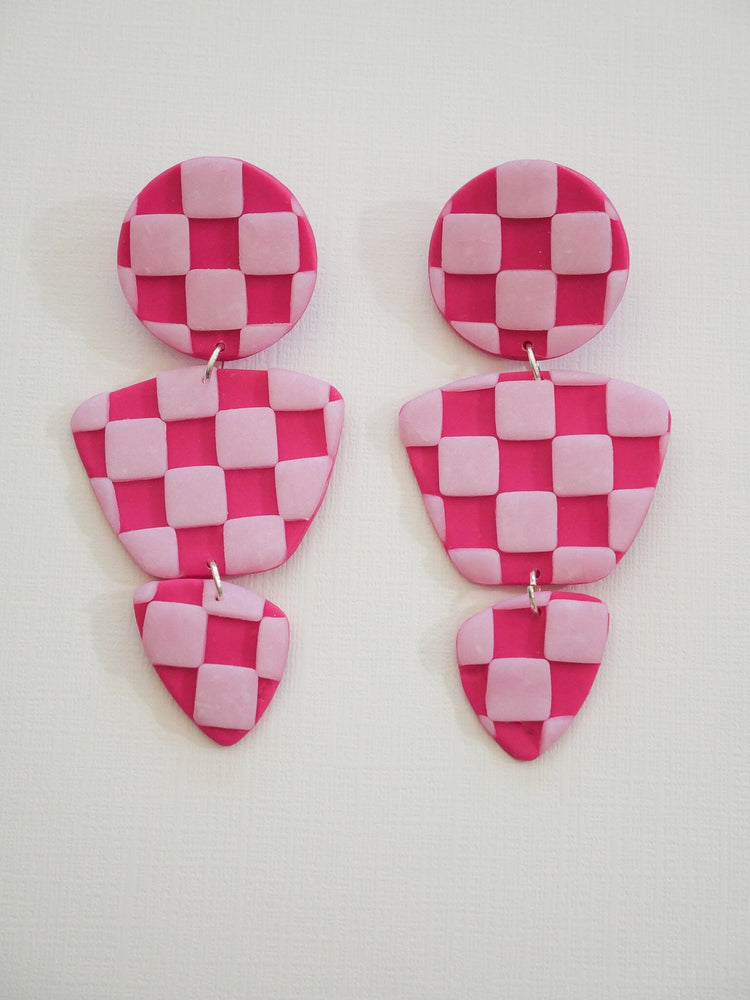 Checkered Magenta Zoe Dangle Earrings Love Hand and Heart 