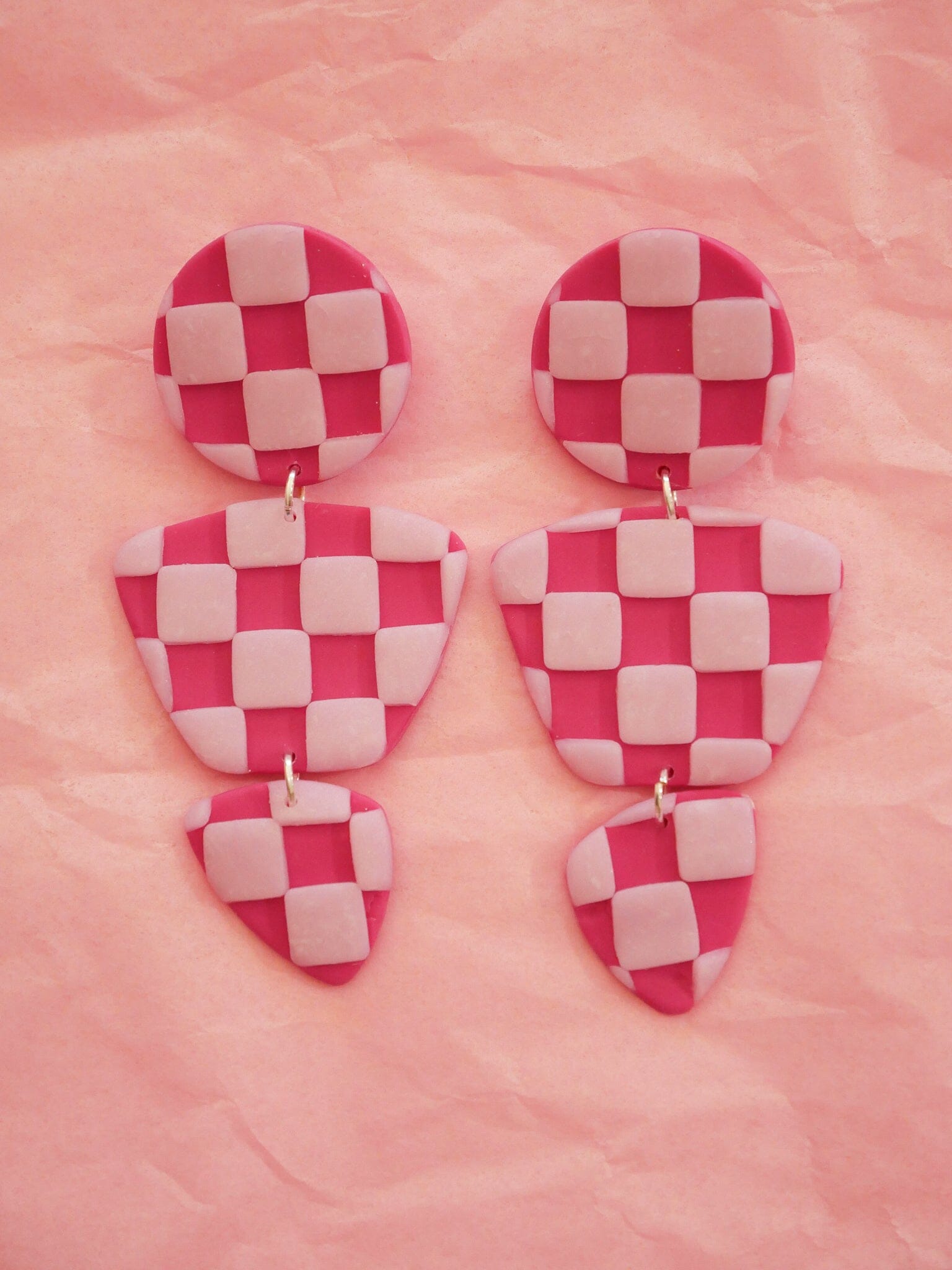 Checkered Magenta Zoe Dangle Earrings Love Hand and Heart 