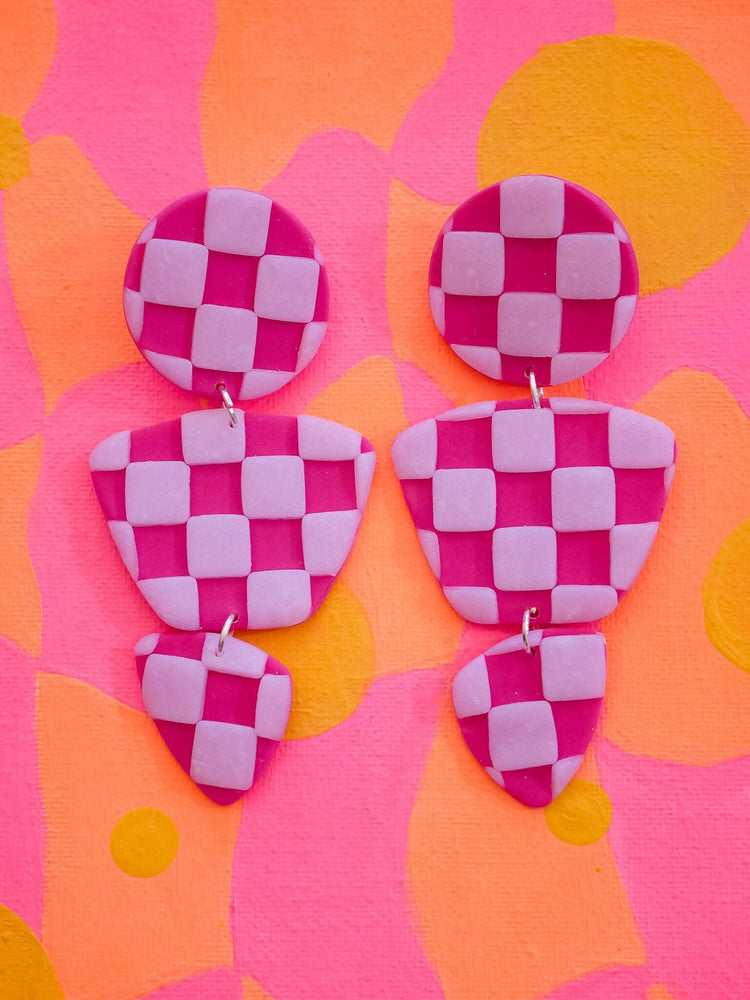 Checkered Magenta Zoe Dangle Earrings Love Hand and Heart 