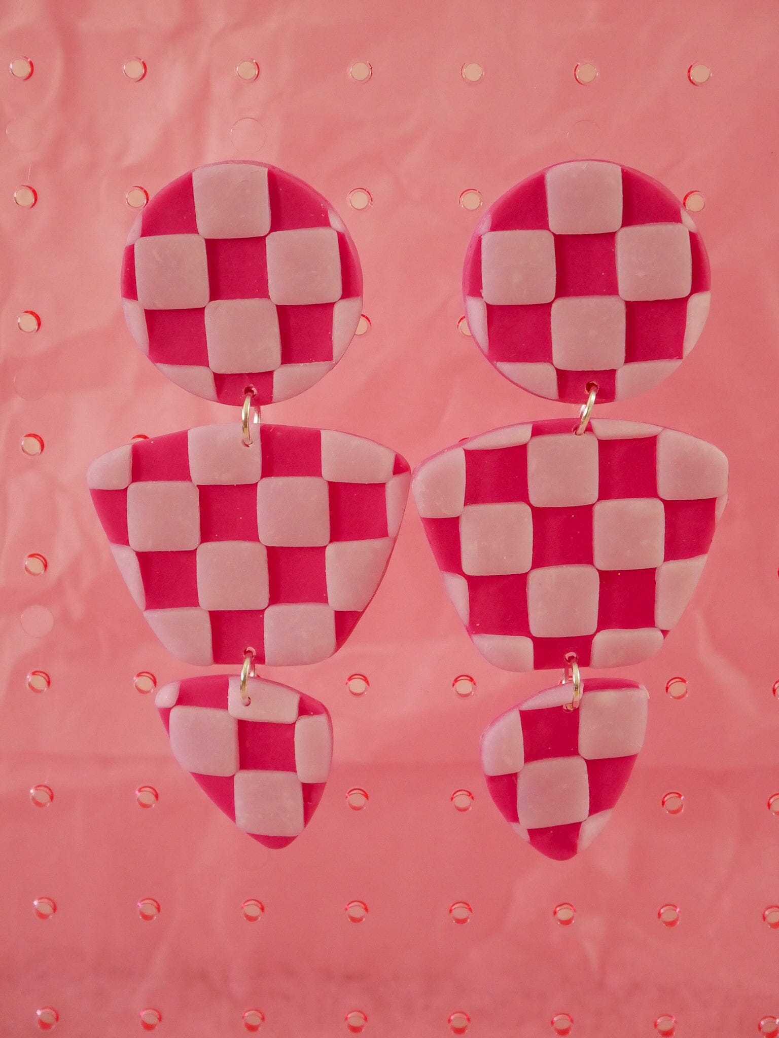 Checkered Magenta Zoe Dangle Earrings Love Hand and Heart 