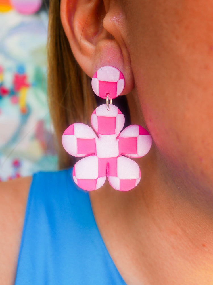 Checkered Pink Flowers Stud Earrings Love Hand and Heart 