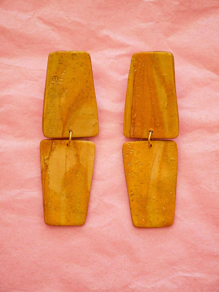 Double Gold Bars Dangle Earrings Love Hand and Heart 