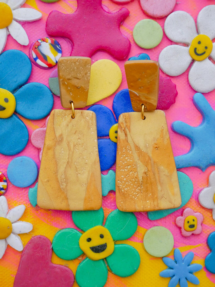 Gold Bars Dangle Earrings Love Hand and Heart 