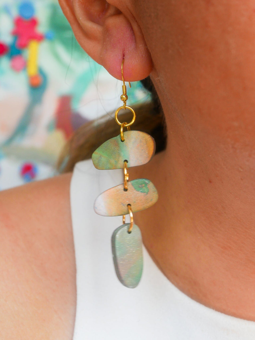 Gold Green Marble Stackers Dangle Earrings Love Hand and Heart 