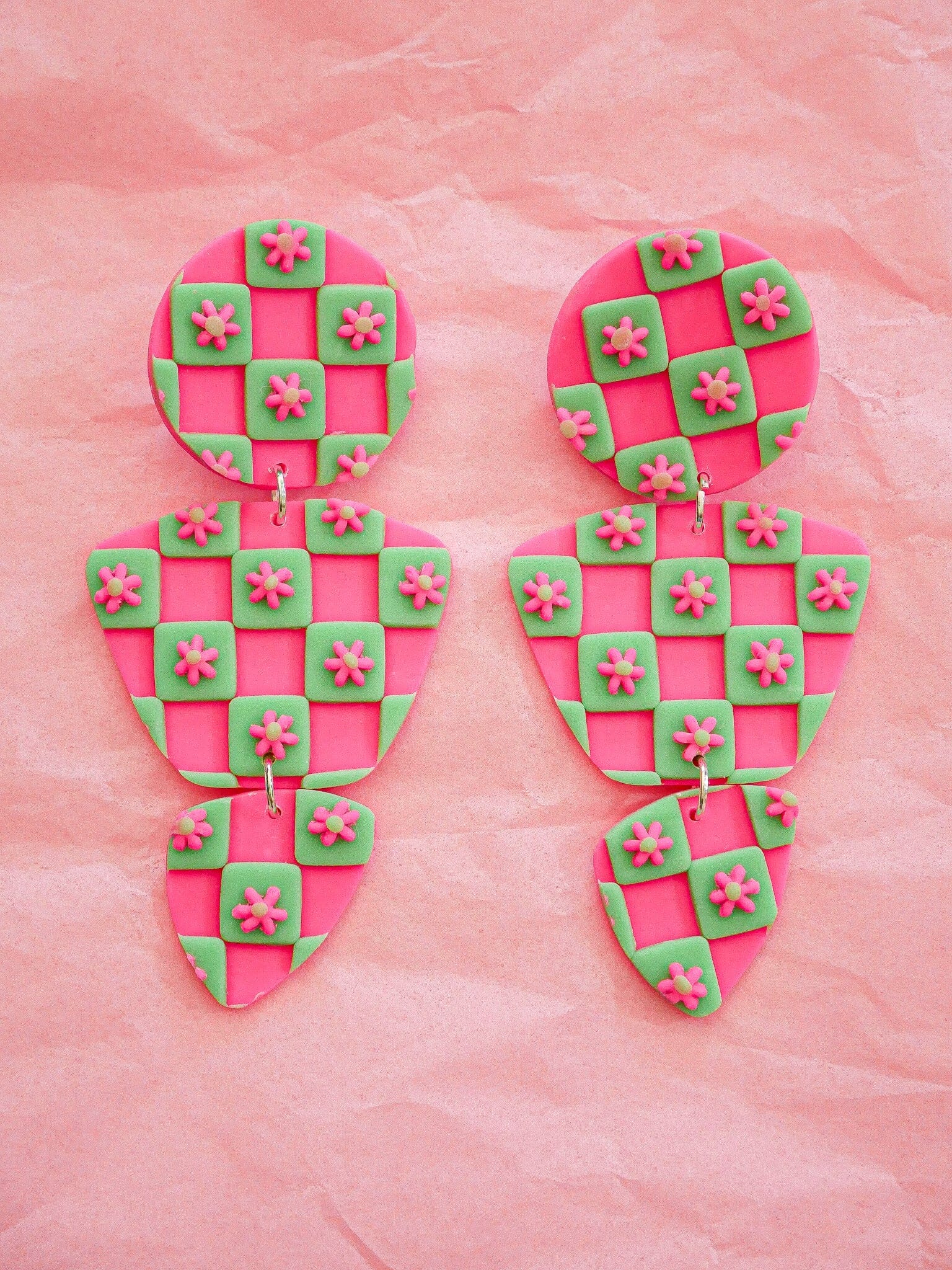 Hot Pink + Mint Green Checkered Daisy Zoe Dangle Earrings Love Hand and Heart 