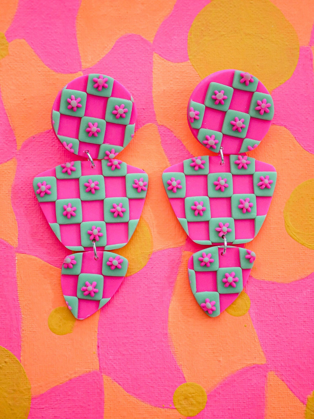 Hot Pink + Mint Green Checkered Daisy Zoe Dangle Earrings Love Hand and Heart 