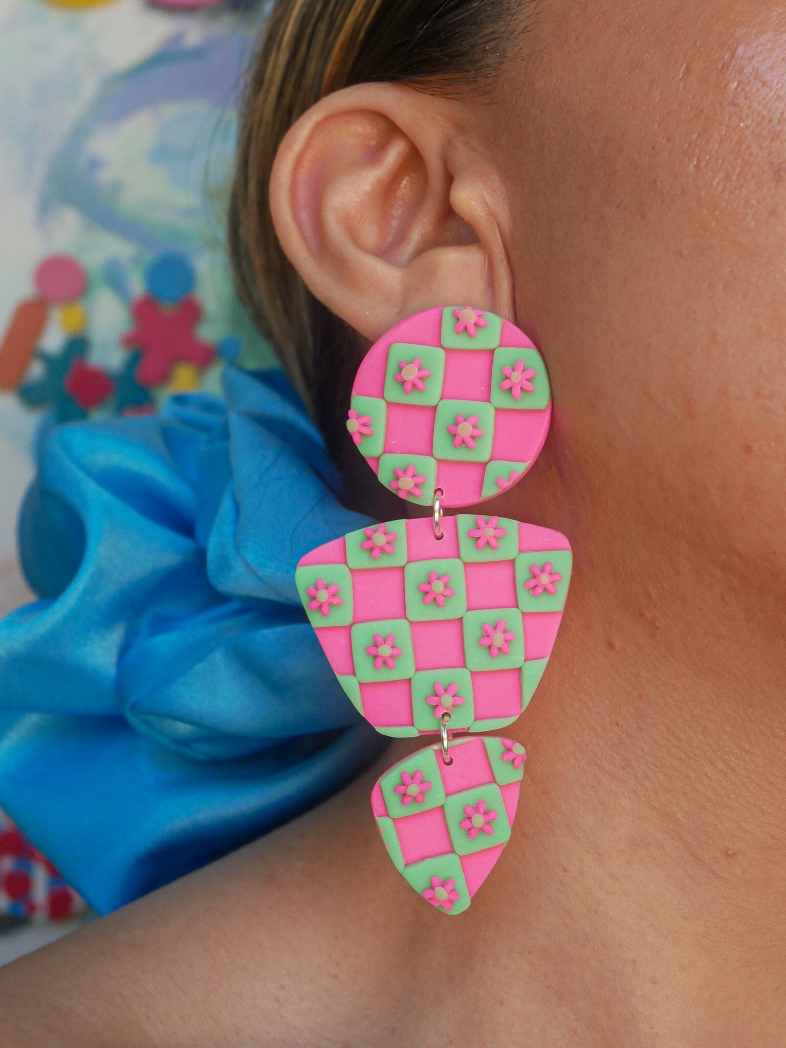 Hot Pink + Mint Green Checkered Daisy Zoe Dangle Earrings Love Hand and Heart 