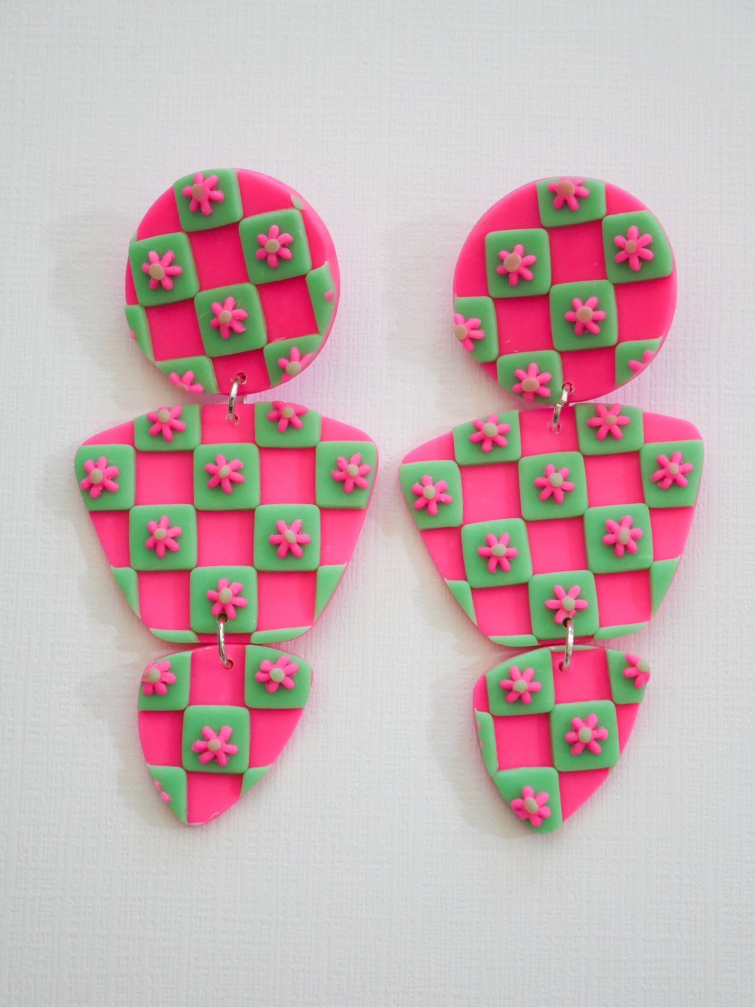 Hot Pink + Mint Green Checkered Daisy Zoe Dangle Earrings Love Hand and Heart 