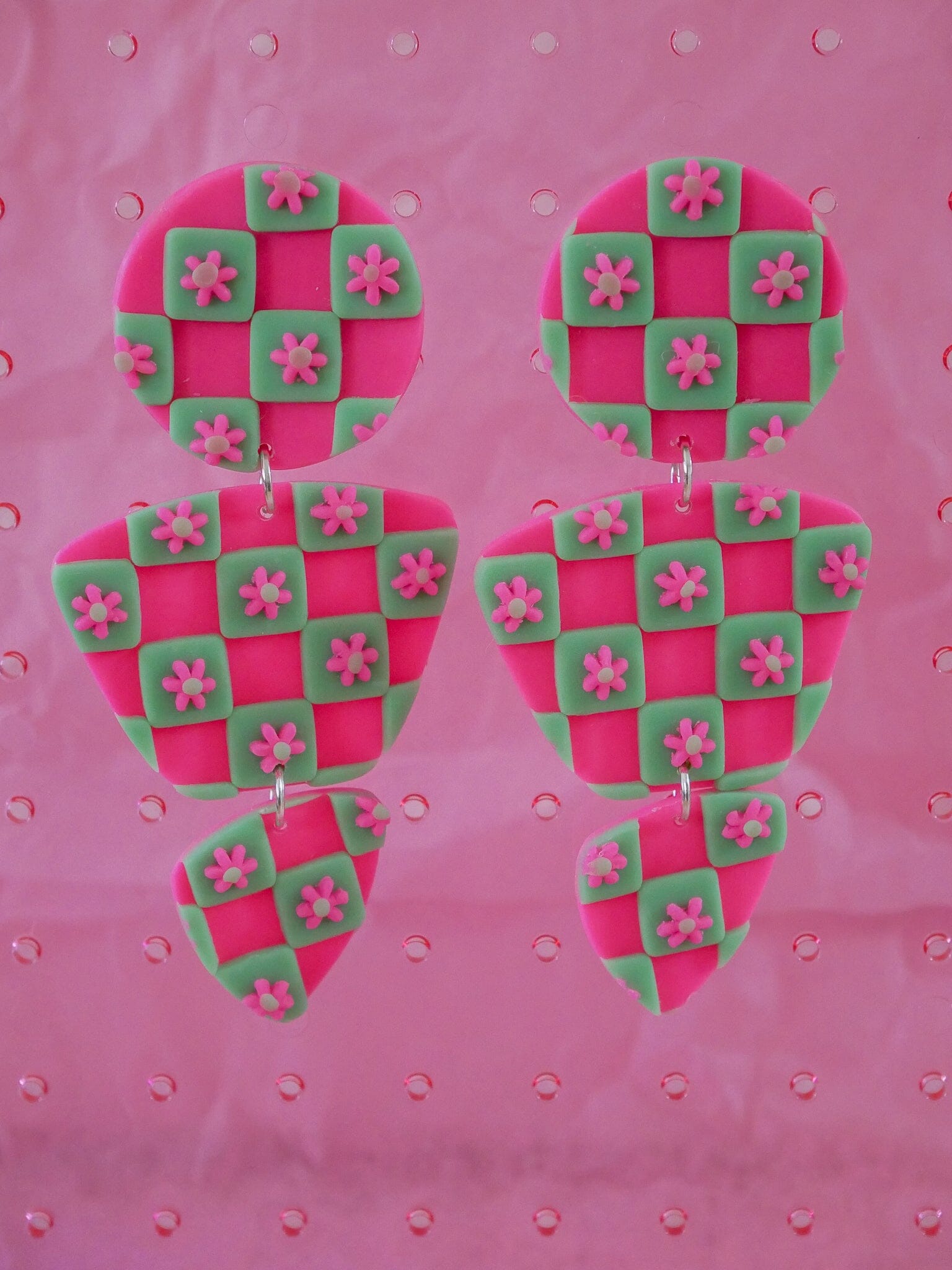 Hot Pink + Mint Green Checkered Daisy Zoe Dangle Earrings Love Hand and Heart 