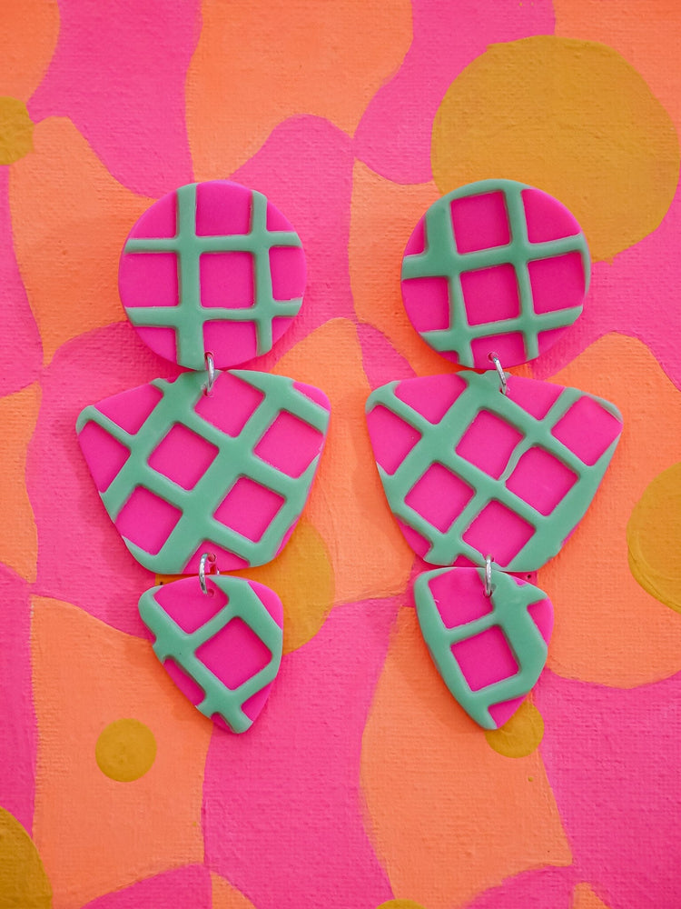 Hot Pink + Mint Green Waffle Zoe Dangle Earrings Love Hand and Heart 