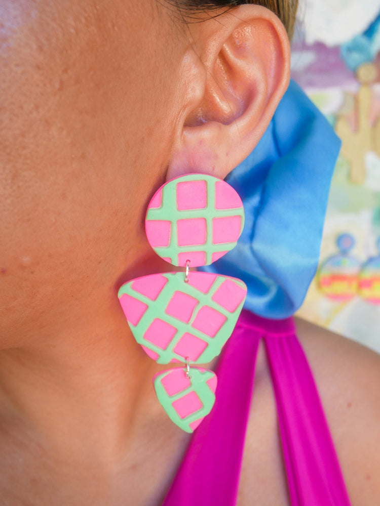 Hot Pink + Mint Green Waffle Zoe Dangle Earrings Love Hand and Heart 