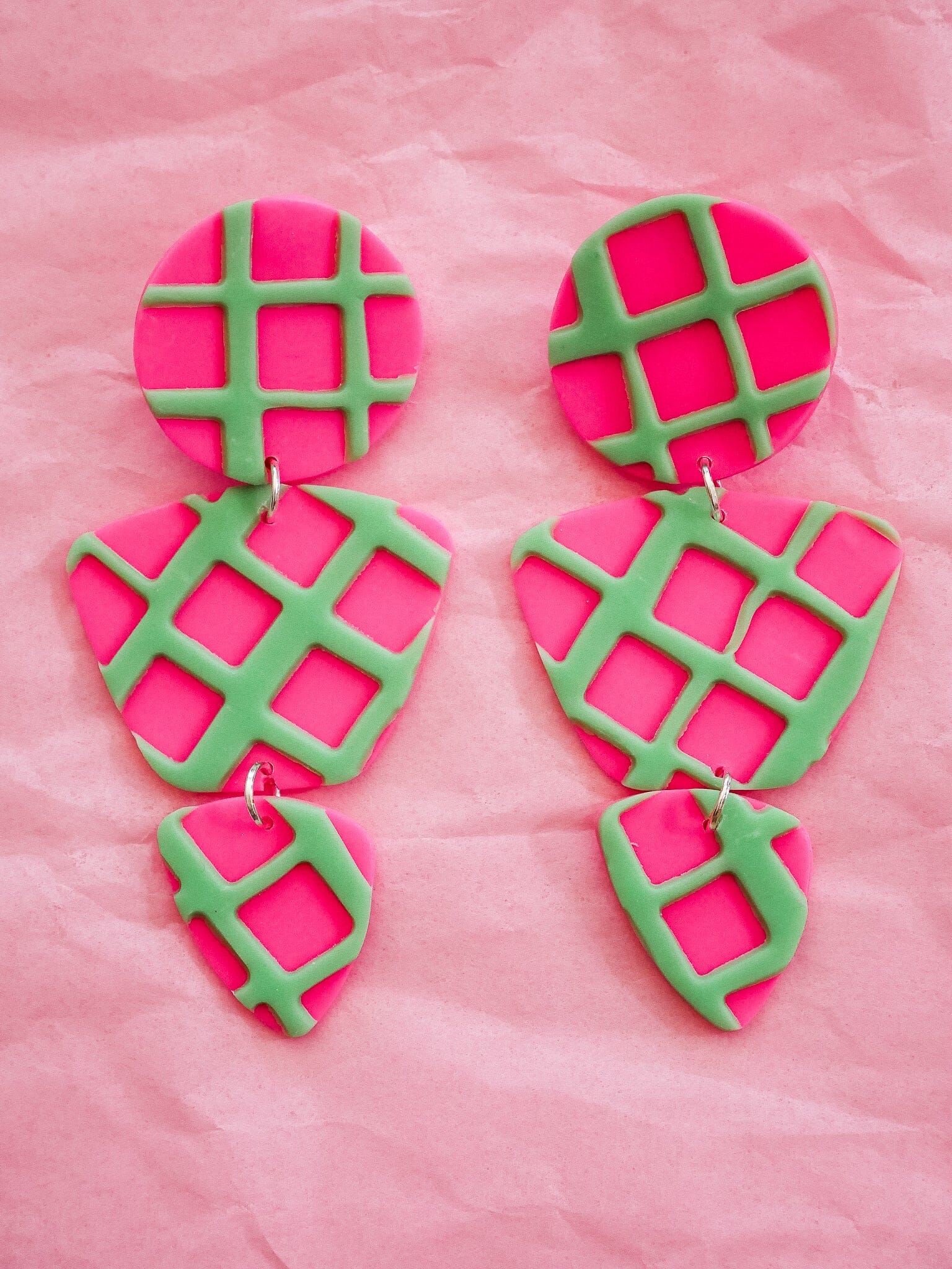 Hot Pink + Mint Green Waffle Zoe Dangle Earrings Love Hand and Heart 