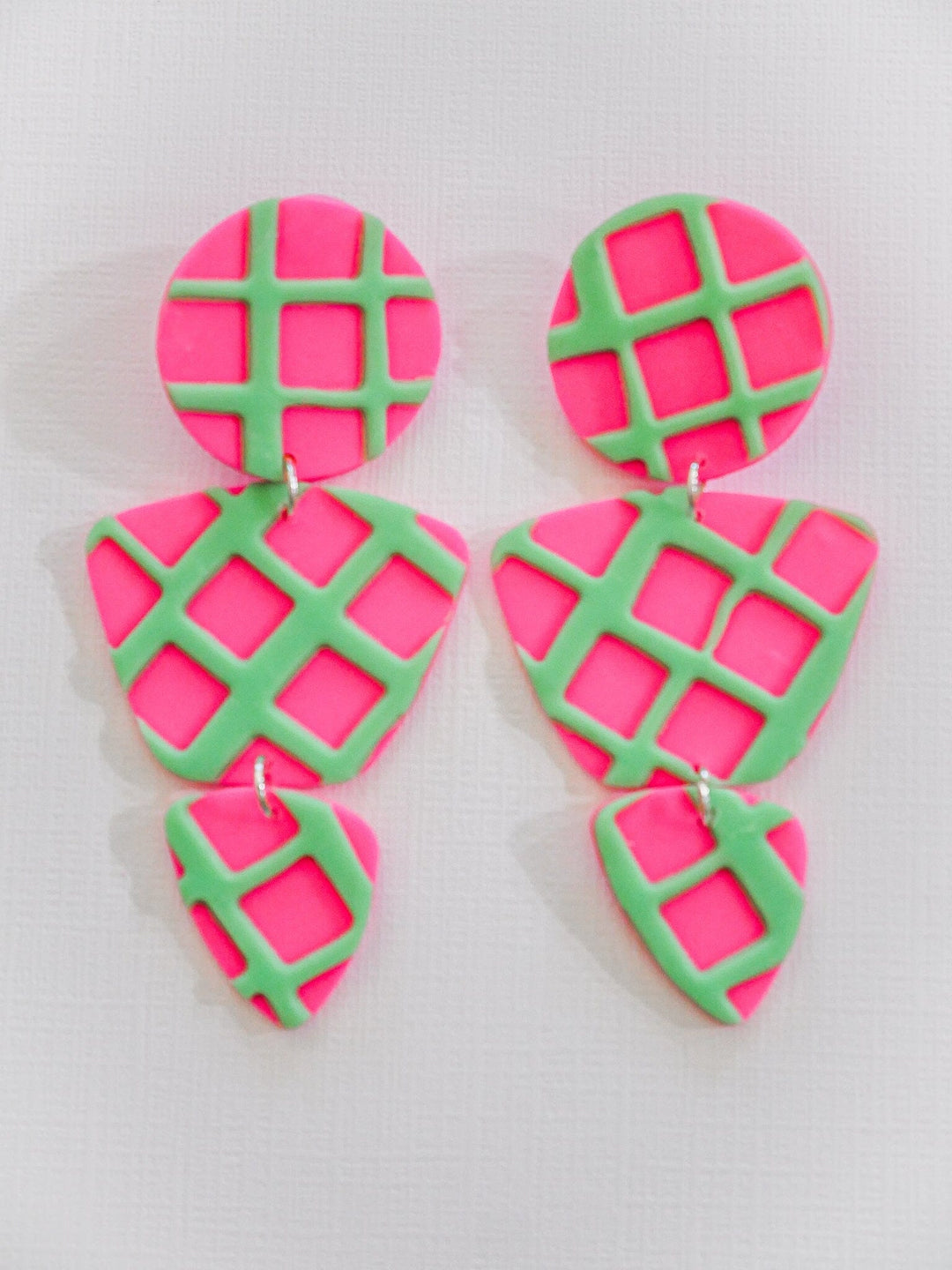 Hot Pink + Mint Green Waffle Zoe Dangle Earrings Love Hand and Heart 