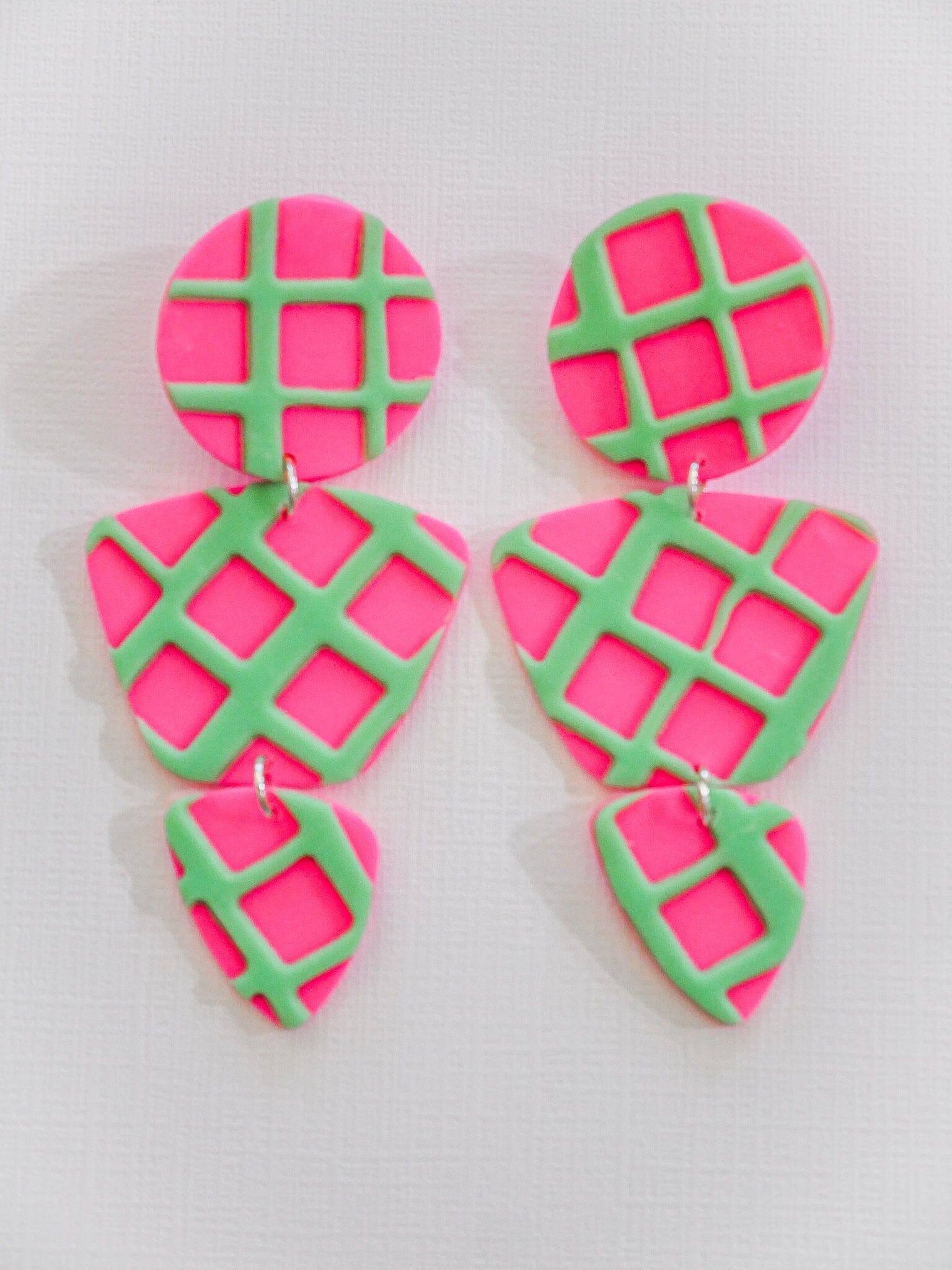 Hot Pink + Mint Green Waffle Zoe Dangle Earrings Love Hand and Heart 