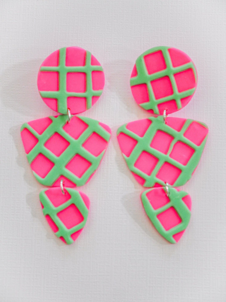 Hot Pink + Mint Green Waffle Zoe Dangle Earrings Love Hand and Heart 