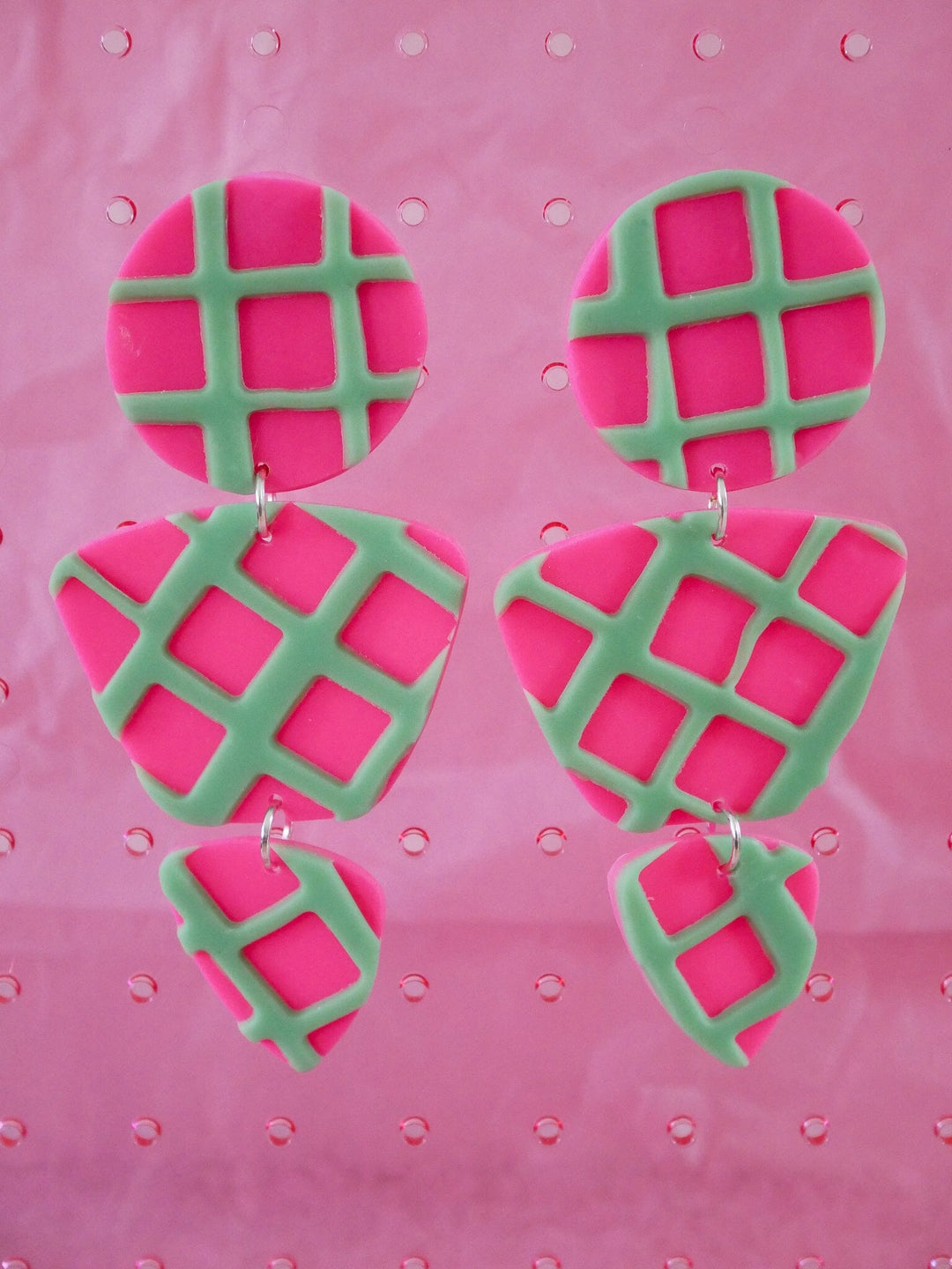 Hot Pink + Mint Green Waffle Zoe Dangle Earrings Love Hand and Heart 