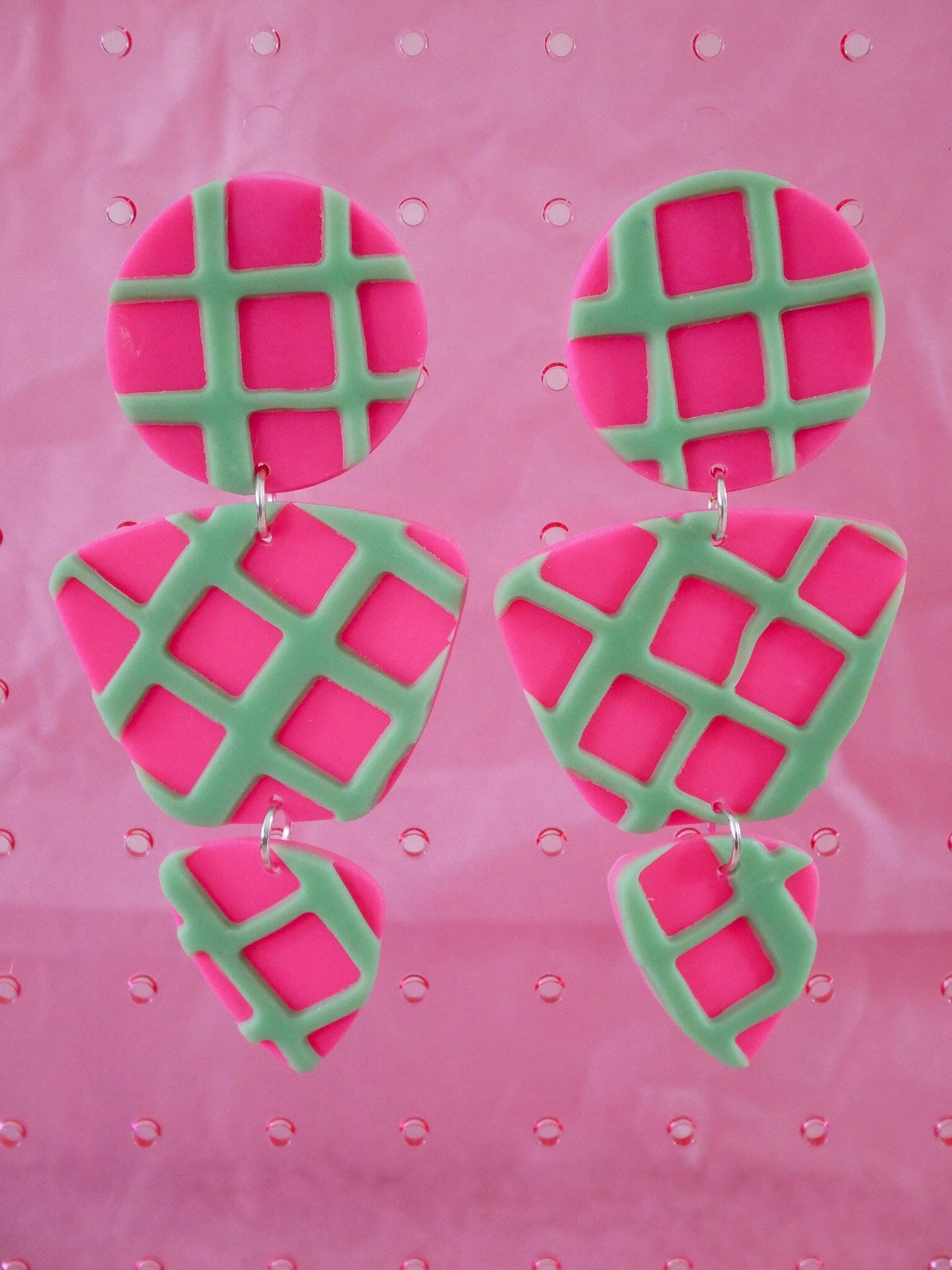 Hot Pink + Mint Green Waffle Zoe Dangle Earrings Love Hand and Heart 