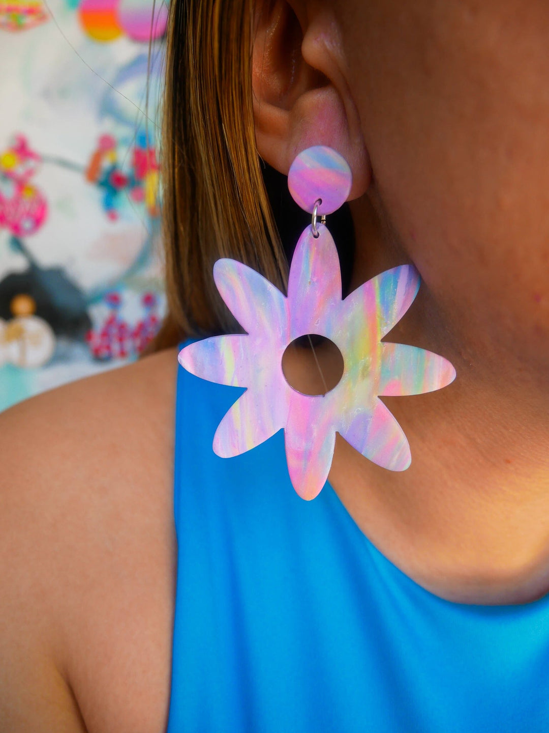 Lavender Marble Flowers Stud Earrings Love Hand and Heart 