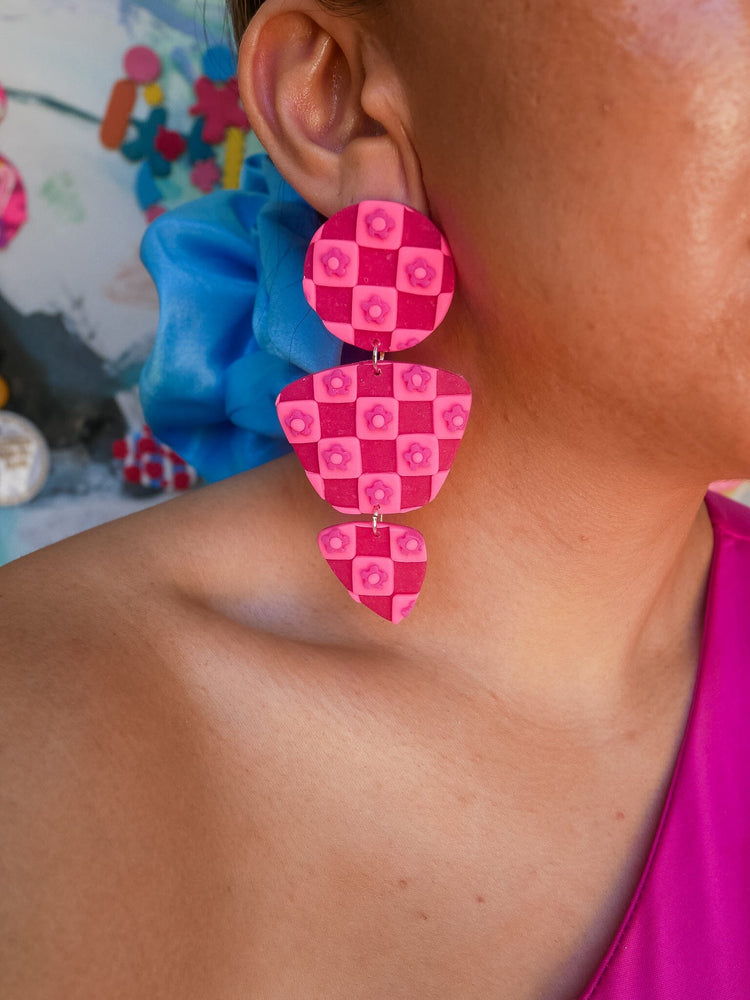 Magenta Checkered Daisy Zoe Dangle Earrings Love Hand and Heart 