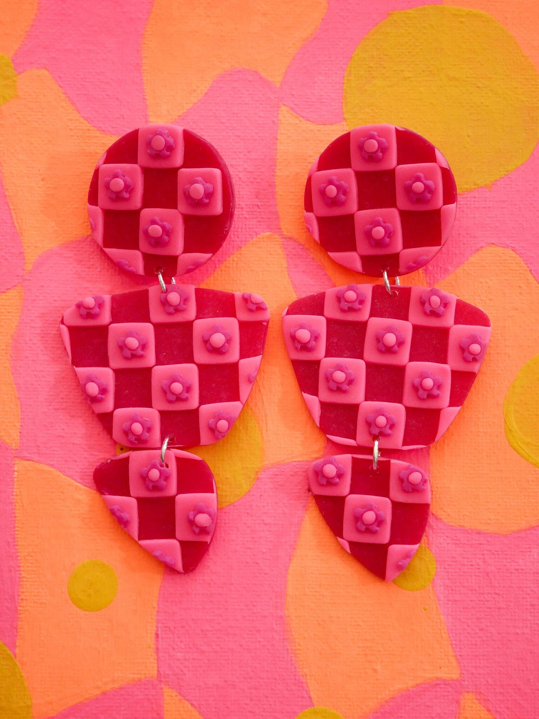 Magenta Checkered Daisy Zoe Dangle Earrings Love Hand and Heart 