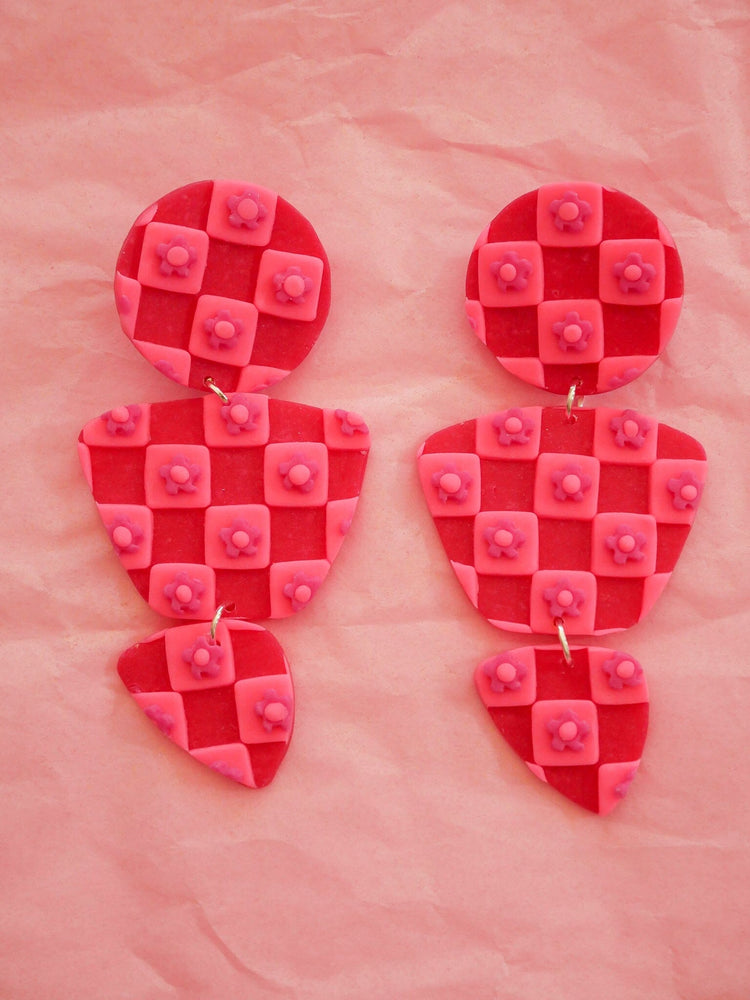 Magenta Checkered Daisy Zoe Dangle Earrings Love Hand and Heart 