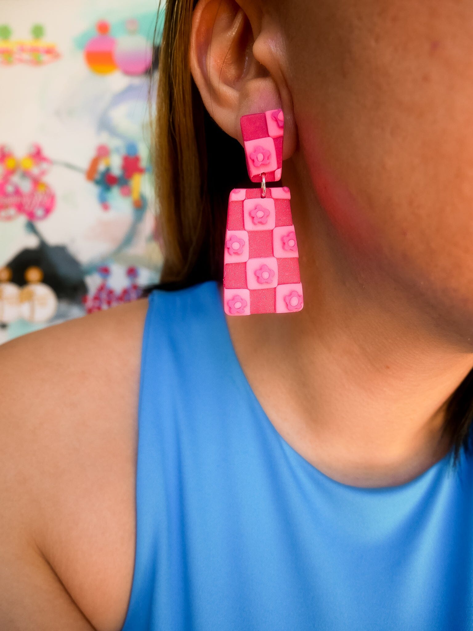 Mismatched Checkered Daisy Bars Dangle Earrings Love Hand and Heart 