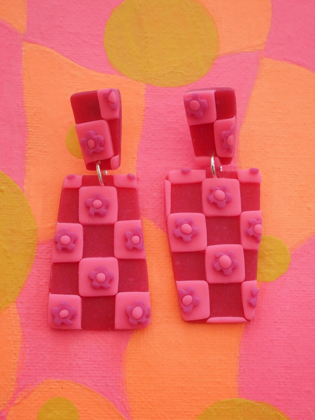 Mismatched Checkered Daisy Bars Dangle Earrings Love Hand and Heart 