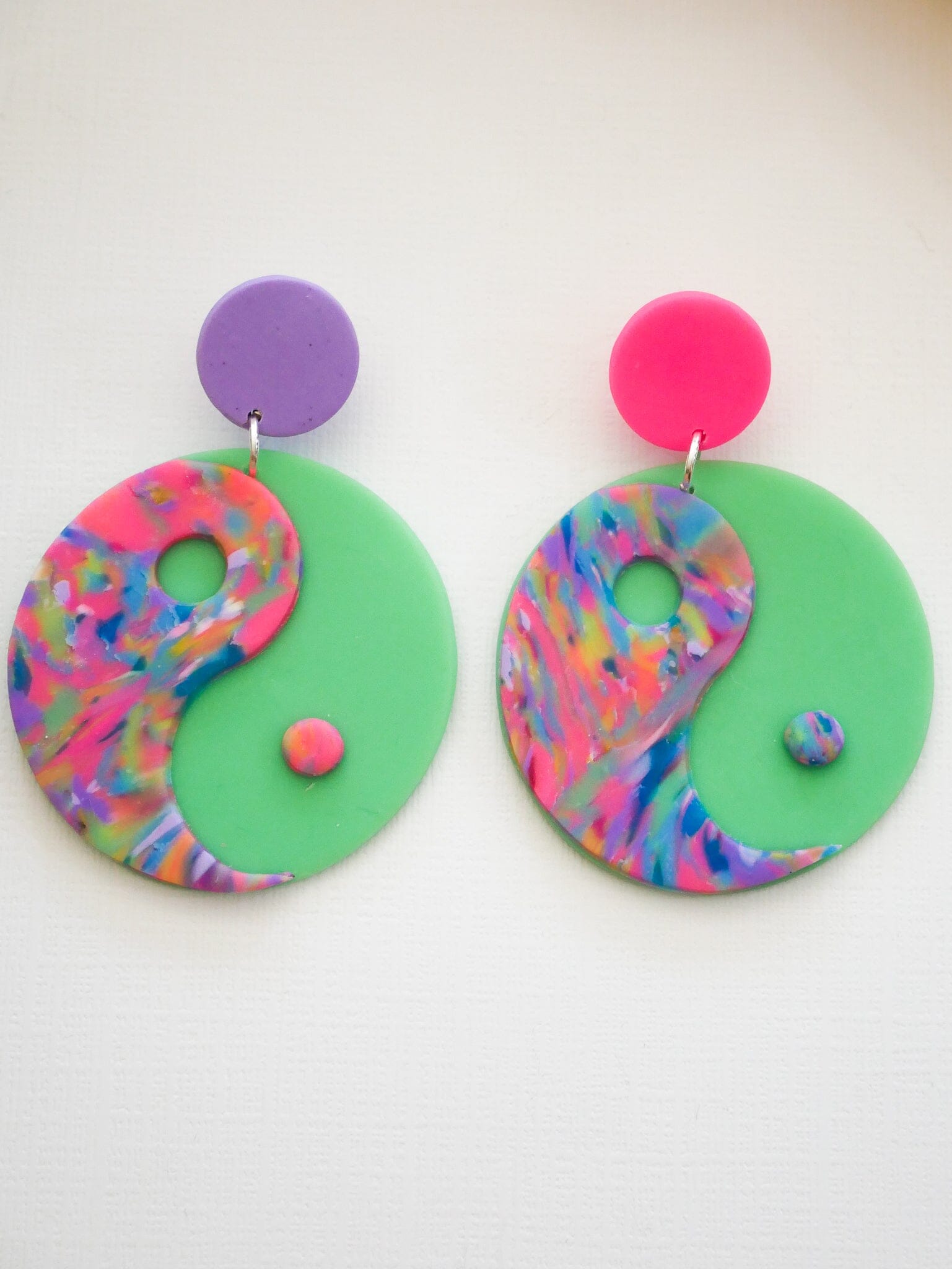 Mismatched Mint Green Yin Yang Dangle Earrings Love Hand and Heart 