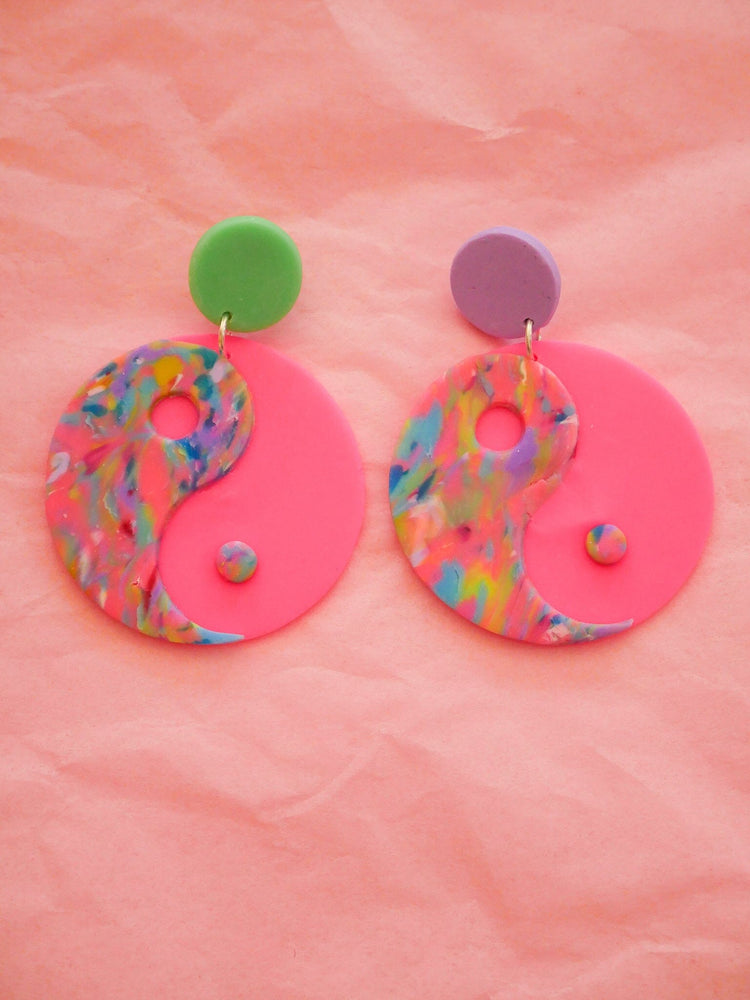 Mismatched Neon Pink Yin Yang Dangle Earrings Love Hand and Heart 