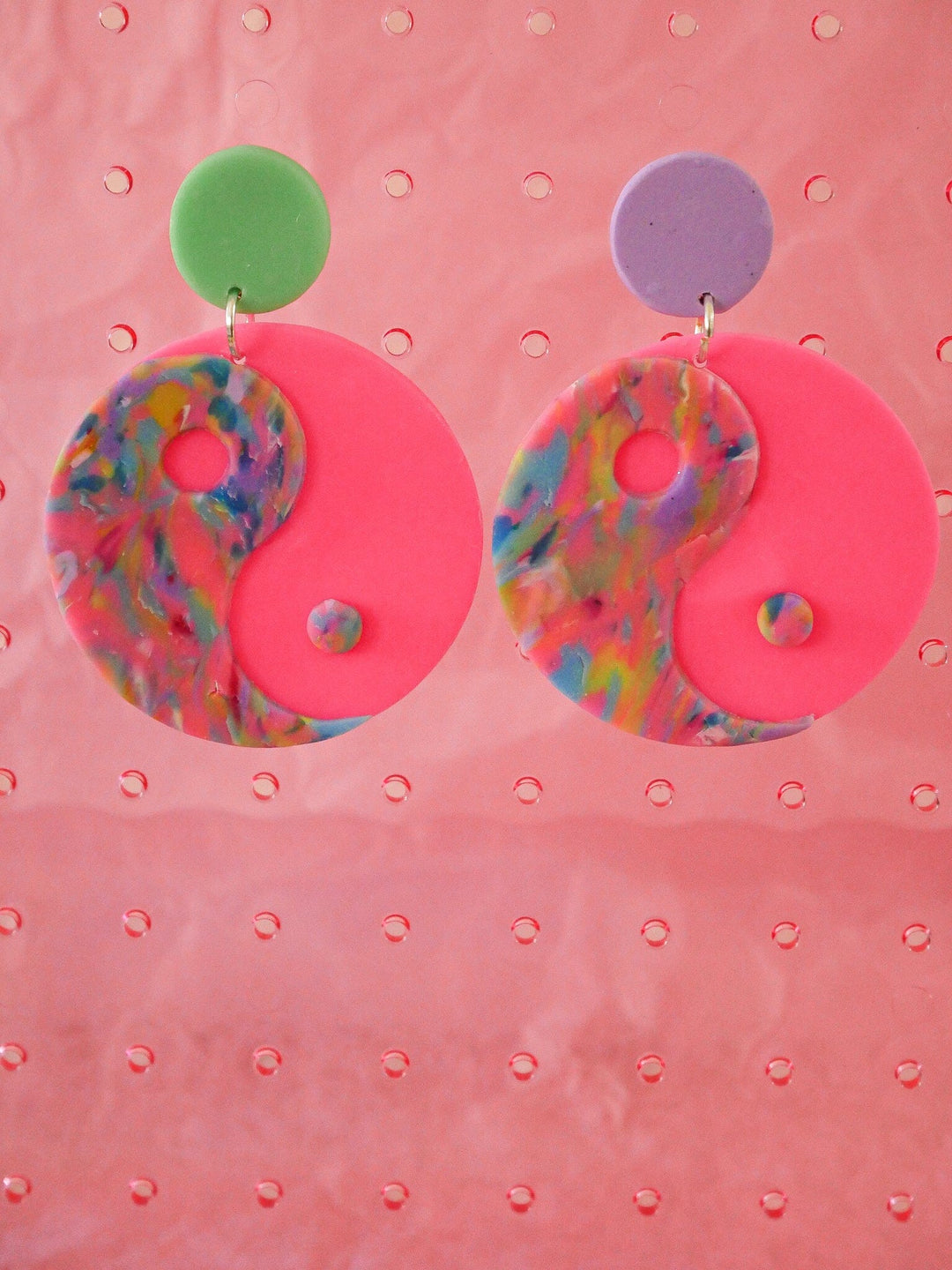 Mismatched Neon Pink Yin Yang Dangle Earrings Love Hand and Heart 