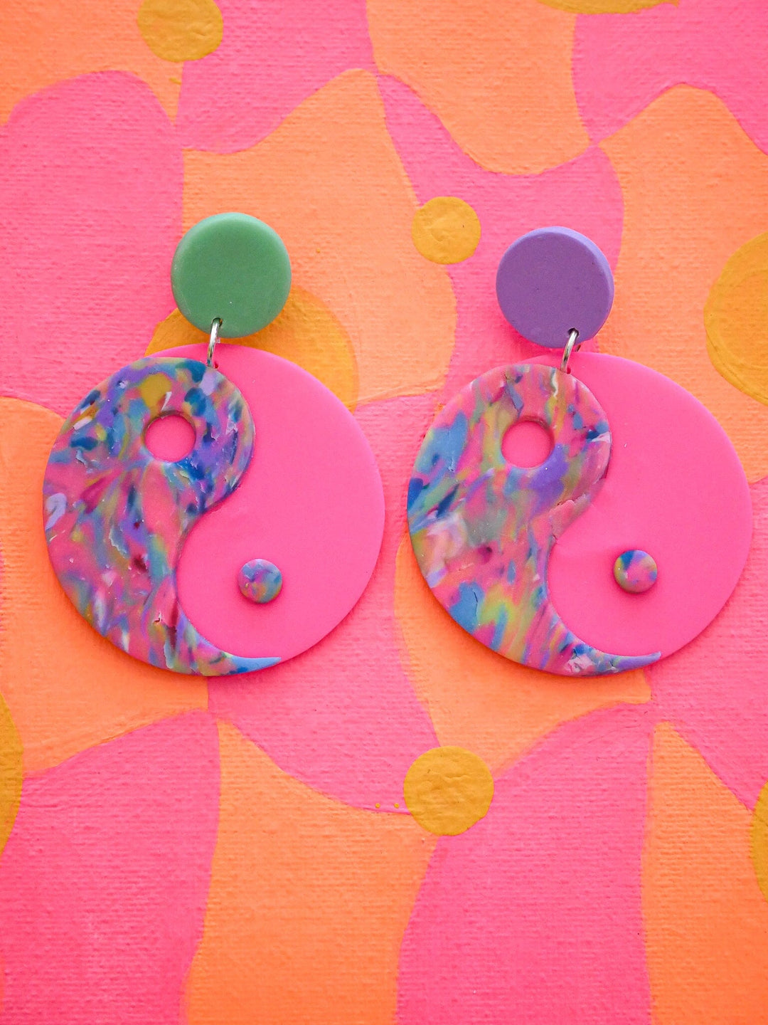 Mismatched Neon Pink Yin Yang Dangle Earrings Love Hand and Heart 