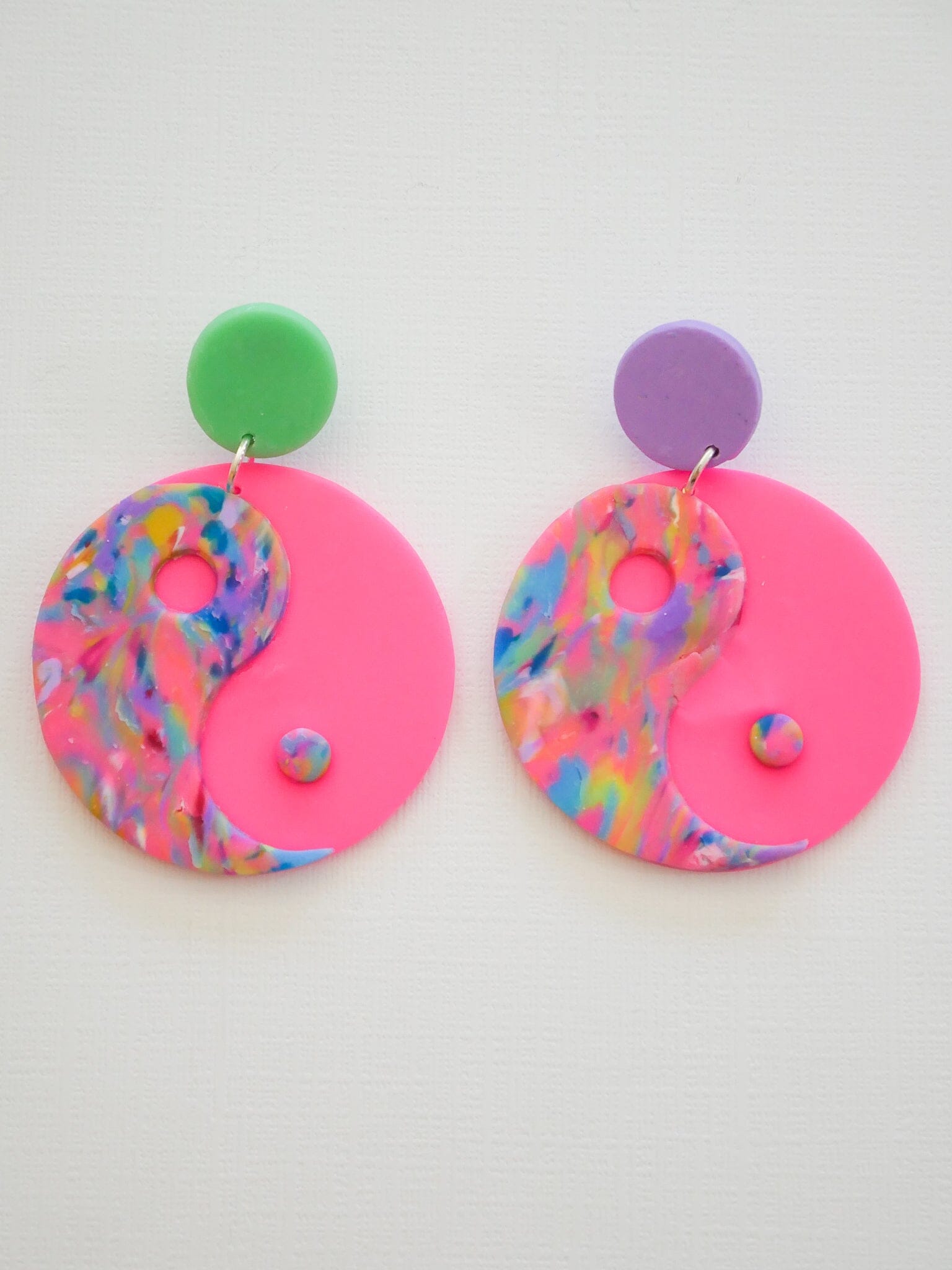 Mismatched Neon Pink Yin Yang Dangle Earrings Love Hand and Heart 