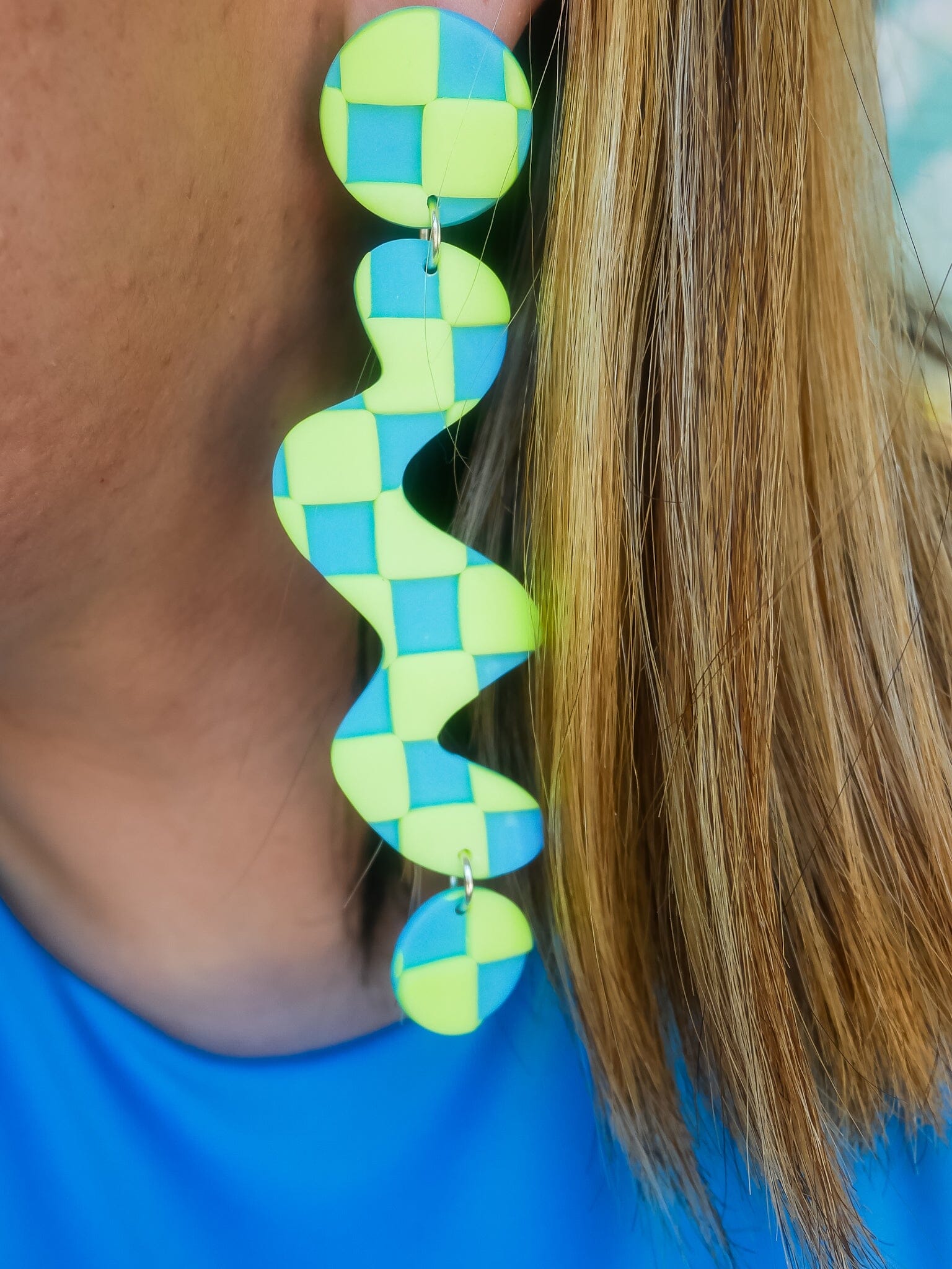 Neon Green Checkered Squiggles Dangle Earrings Love Hand and Heart 