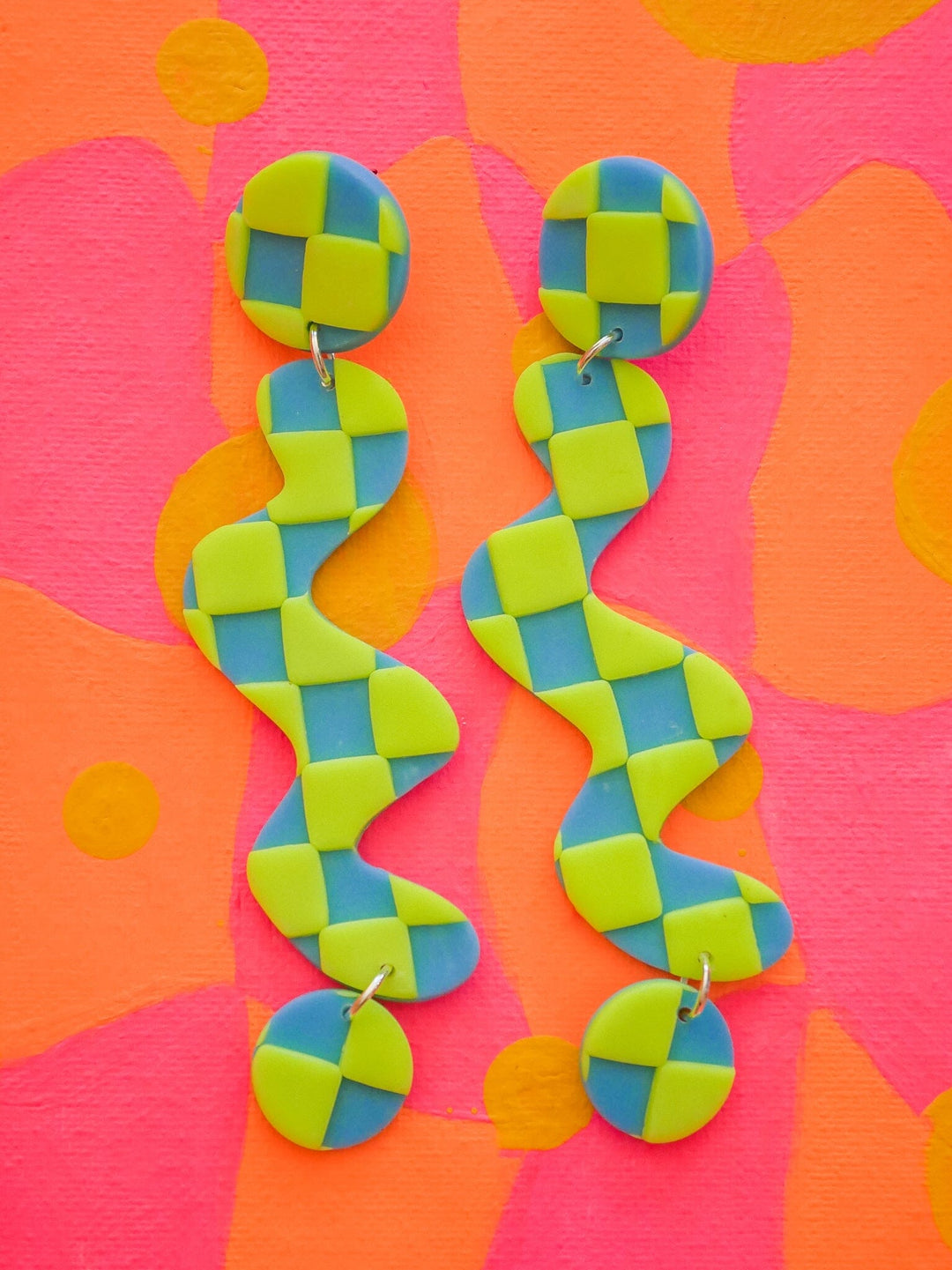 Neon Green Checkered Squiggles Dangle Earrings Love Hand and Heart 