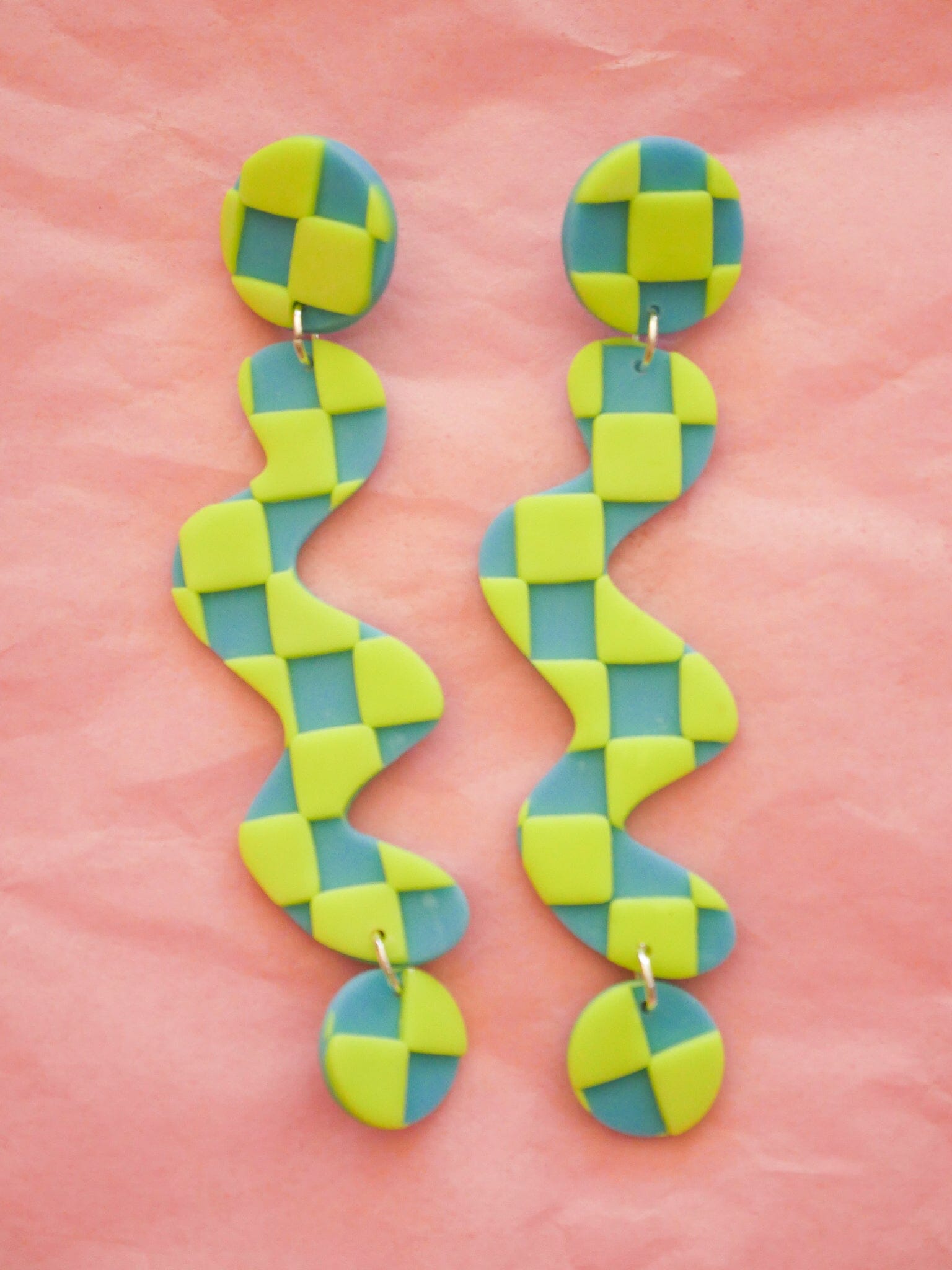 Neon Green Checkered Squiggles Dangle Earrings Love Hand and Heart 