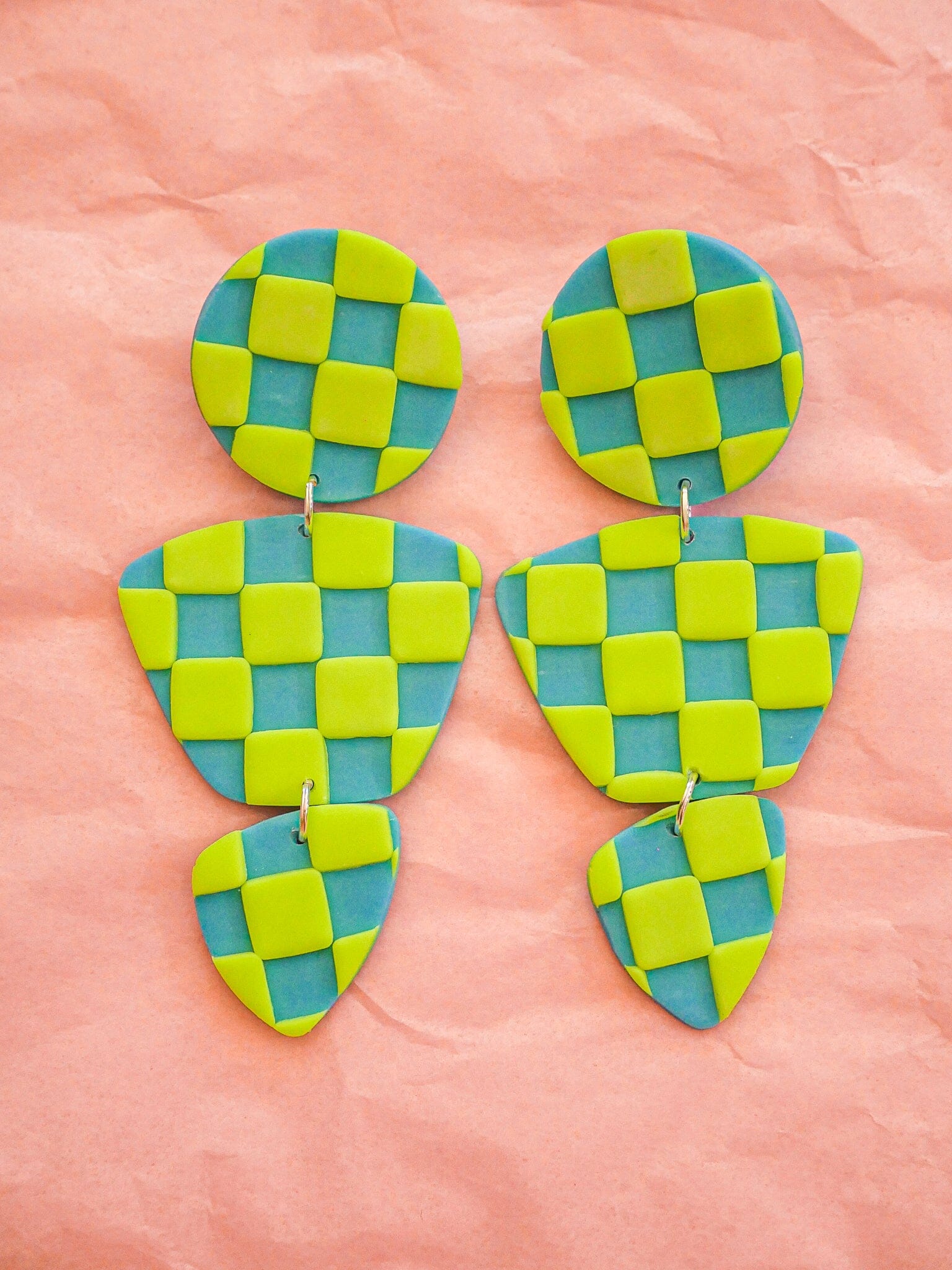 Neon Green Checkered Zoe Dangle Earrings Love Hand and Heart 