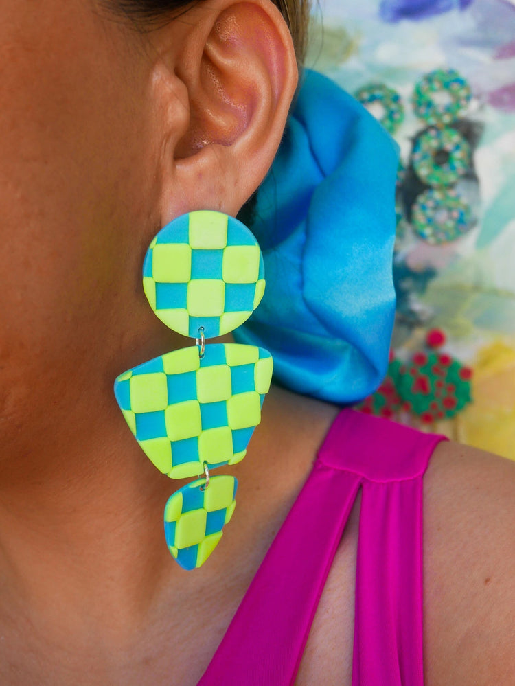 Neon Green Checkered Zoe Dangle Earrings Love Hand and Heart 