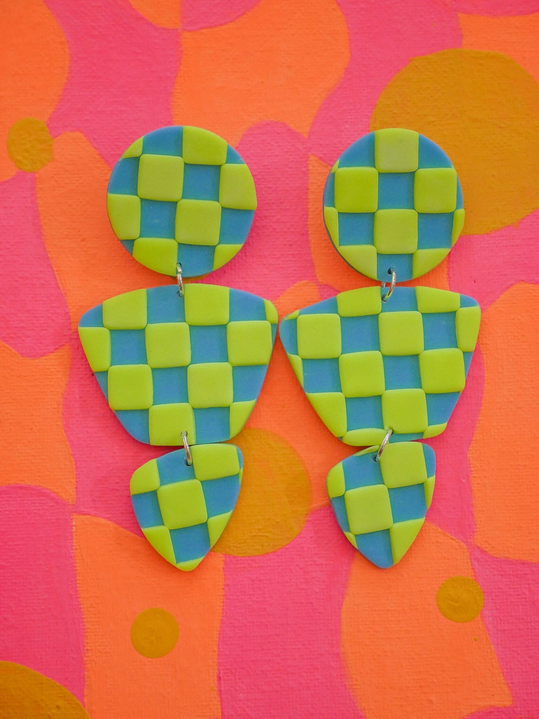 Neon Green Checkered Zoe Dangle Earrings Love Hand and Heart 