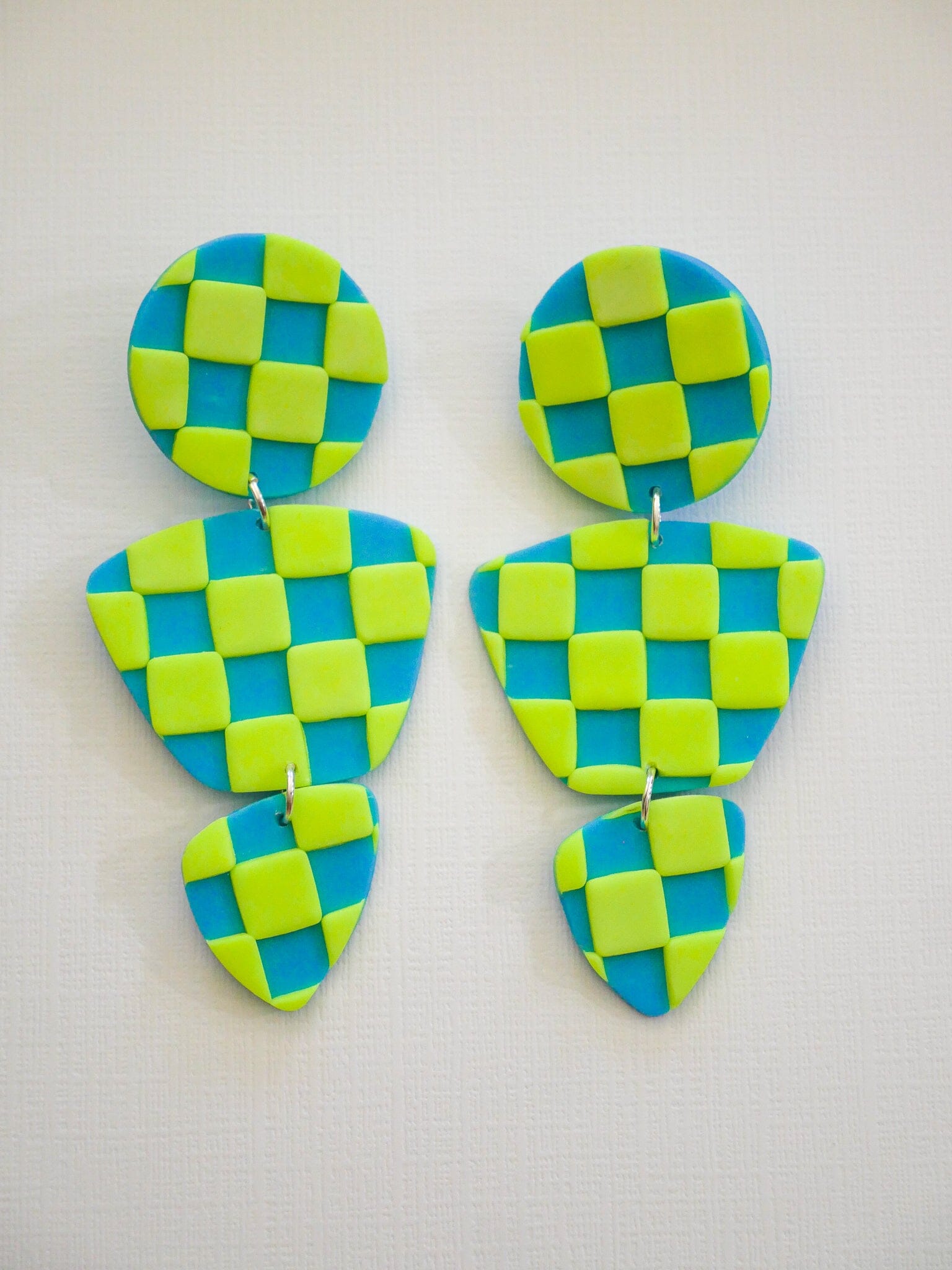 Neon Green Checkered Zoe Dangle Earrings Love Hand and Heart 