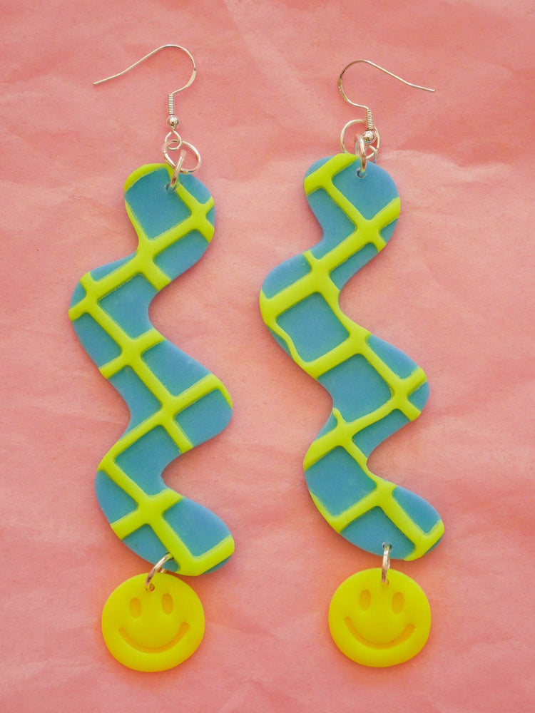 Neon Green Waffle Smile Squiggles Dangle Earrings Love Hand and Heart 