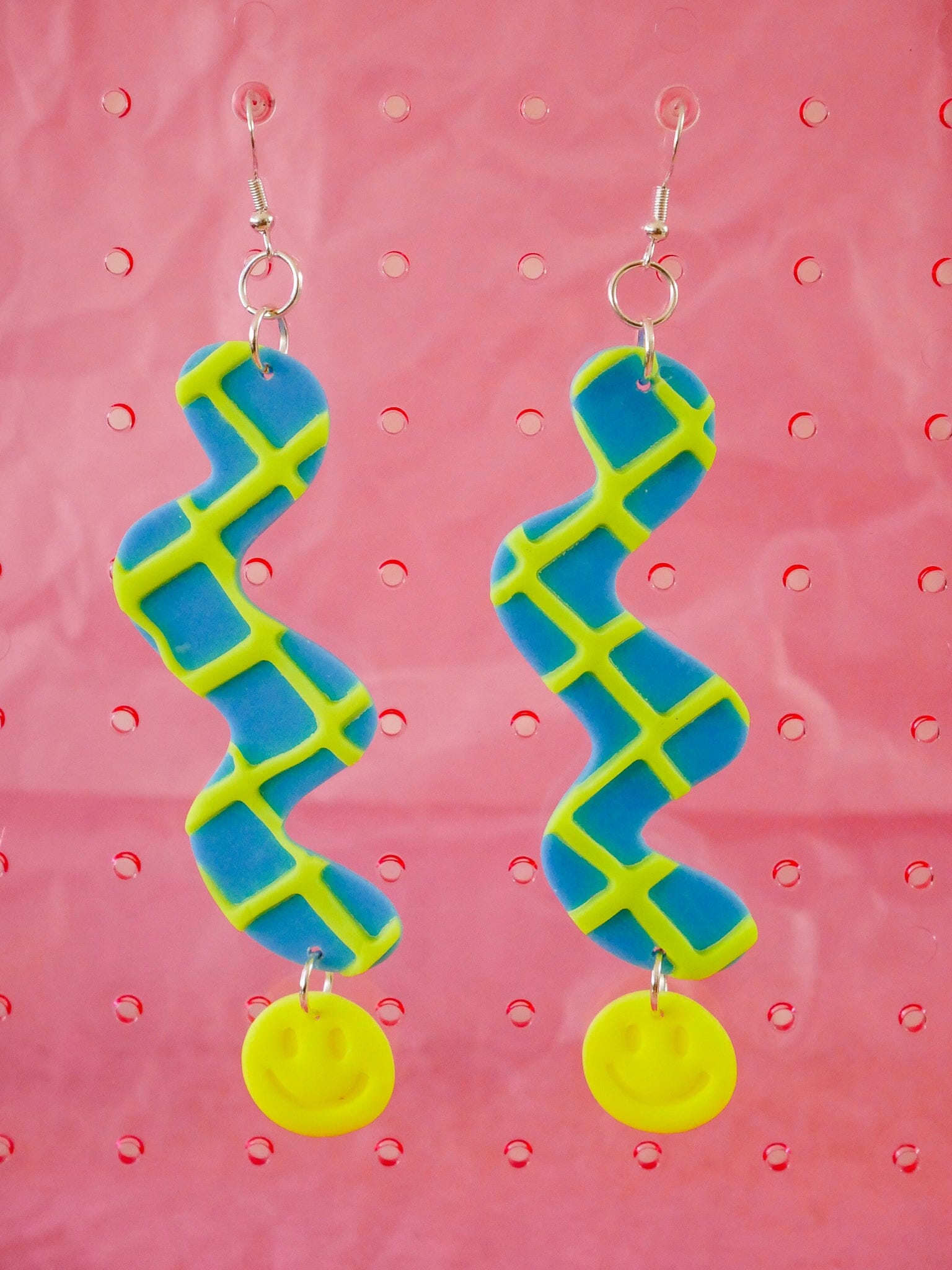 Neon Green Waffle Smile Squiggles Dangle Earrings Love Hand and Heart 