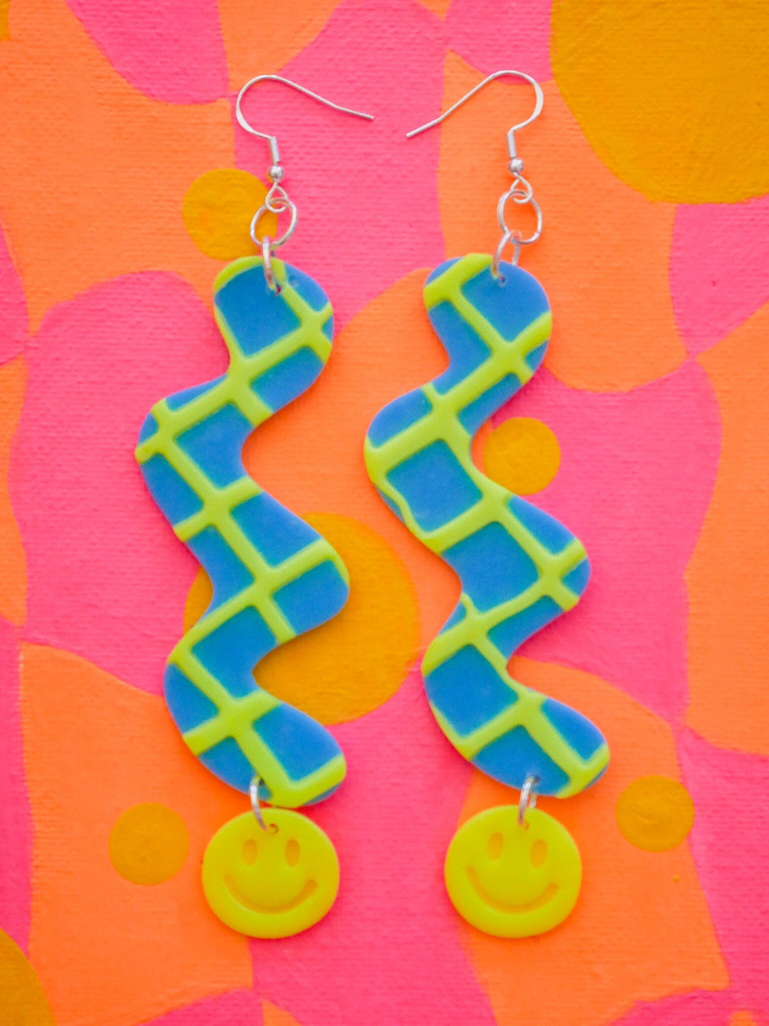 Neon Green Waffle Smile Squiggles Dangle Earrings Love Hand and Heart 