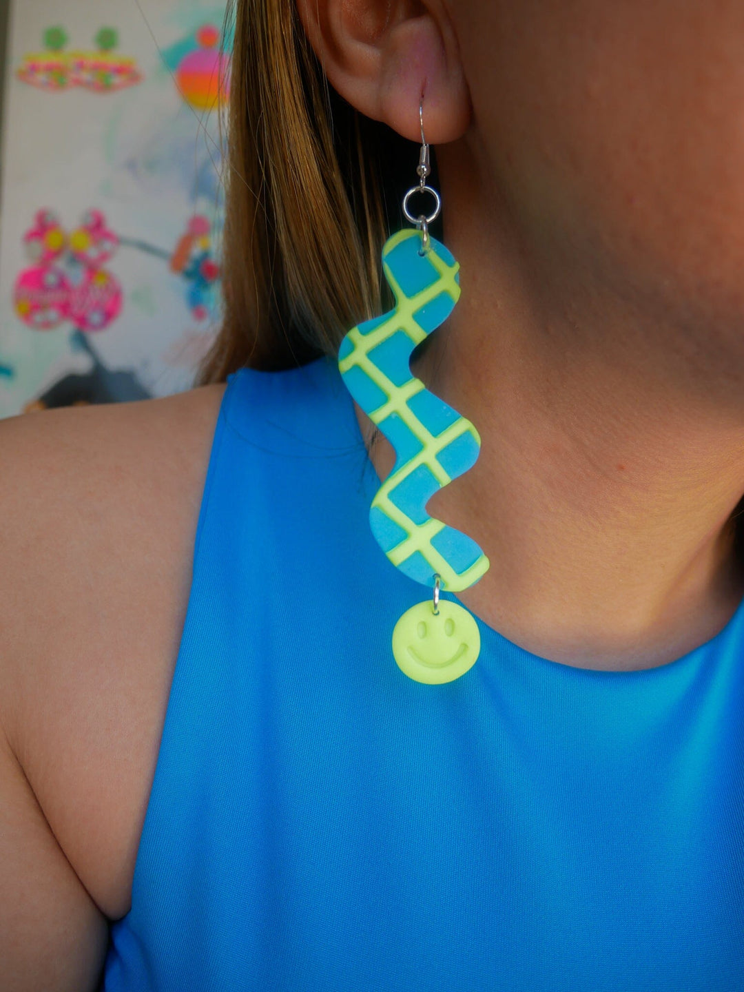 Neon Green Waffle Smile Squiggles Dangle Earrings Love Hand and Heart 