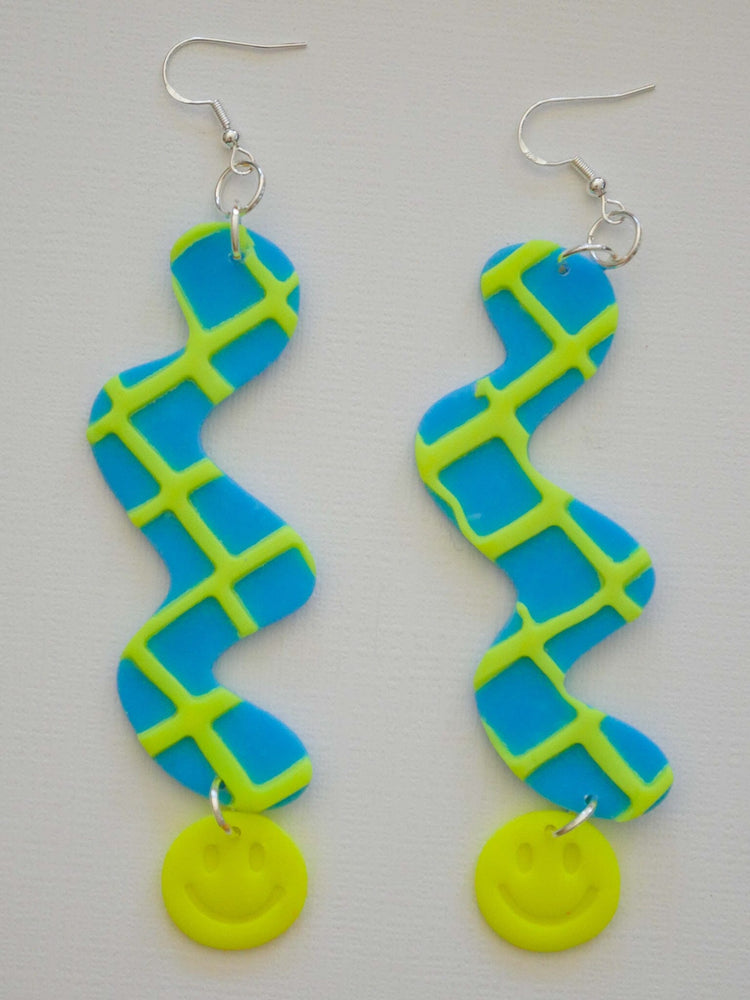 Neon Green Waffle Smile Squiggles Dangle Earrings Love Hand and Heart 