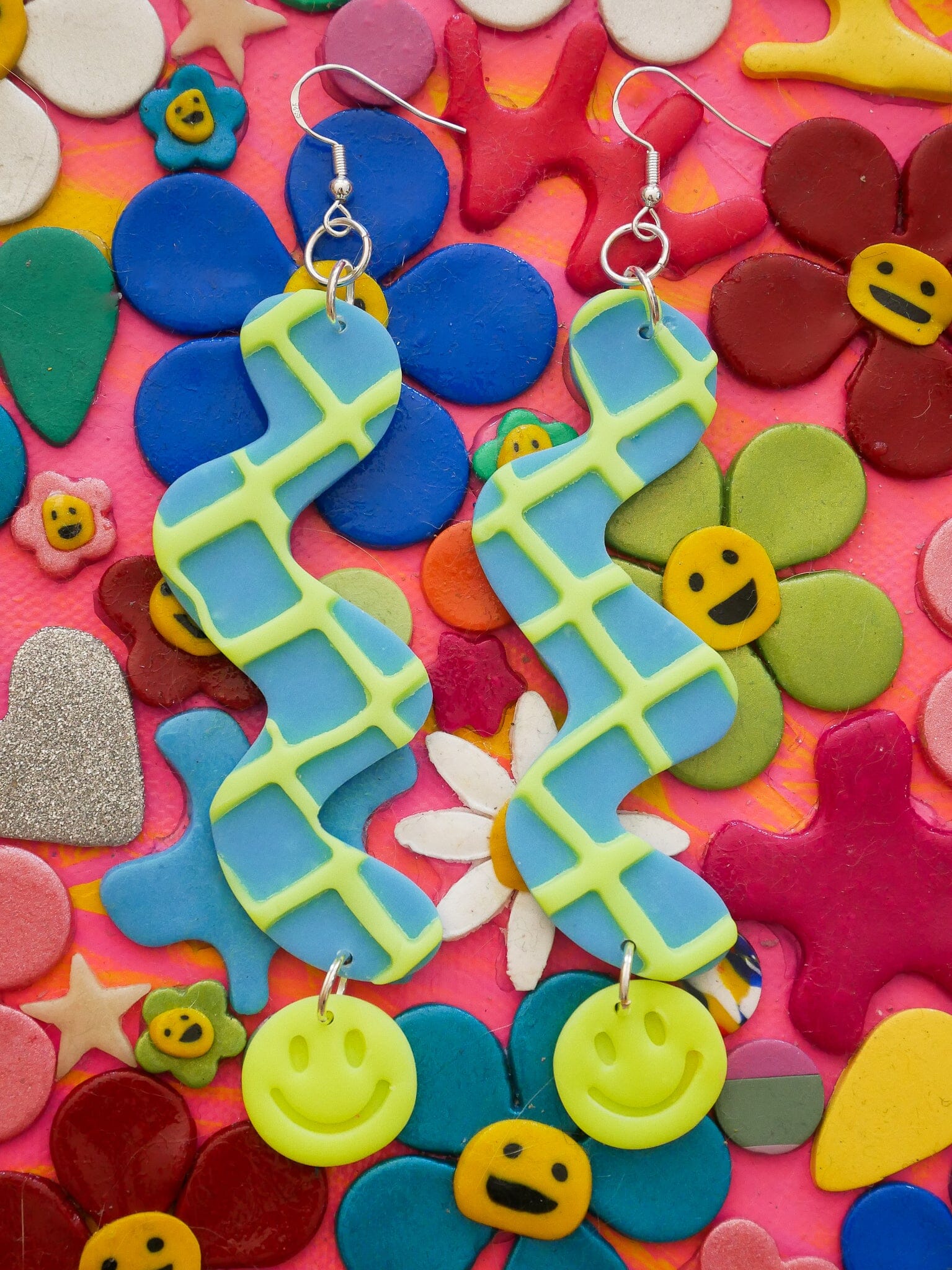 Neon Green Waffle Smile Squiggles Dangle Earrings Love Hand and Heart 