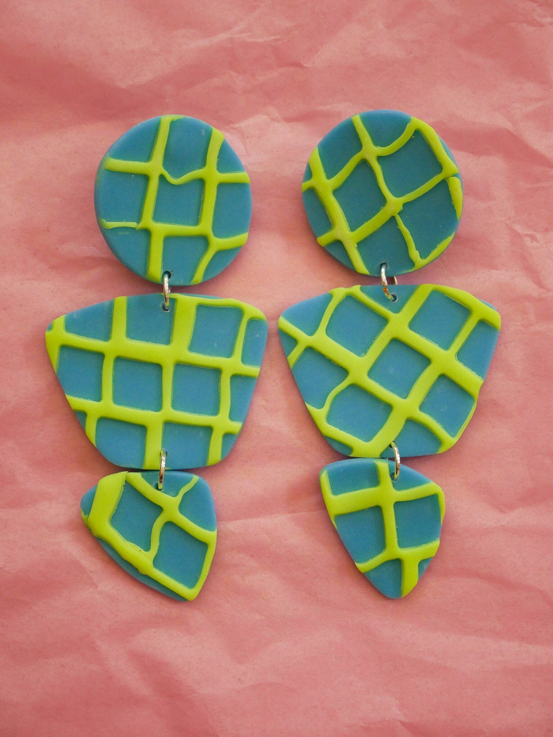 Neon Green Waffle Zoe Dangle Earrings Love Hand and Heart 