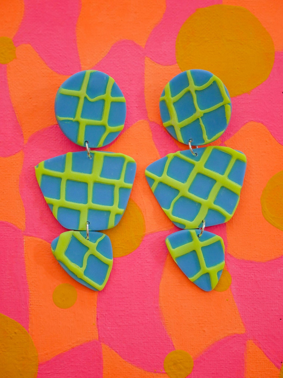 Neon Green Waffle Zoe Dangle Earrings Love Hand and Heart 