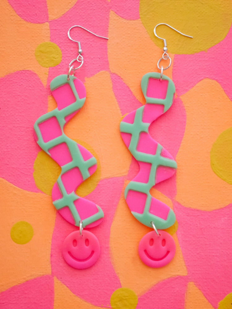 Neon Pink and Mint Green Waffle Smile Squiggles Dangle Earrings Love Hand and Heart 